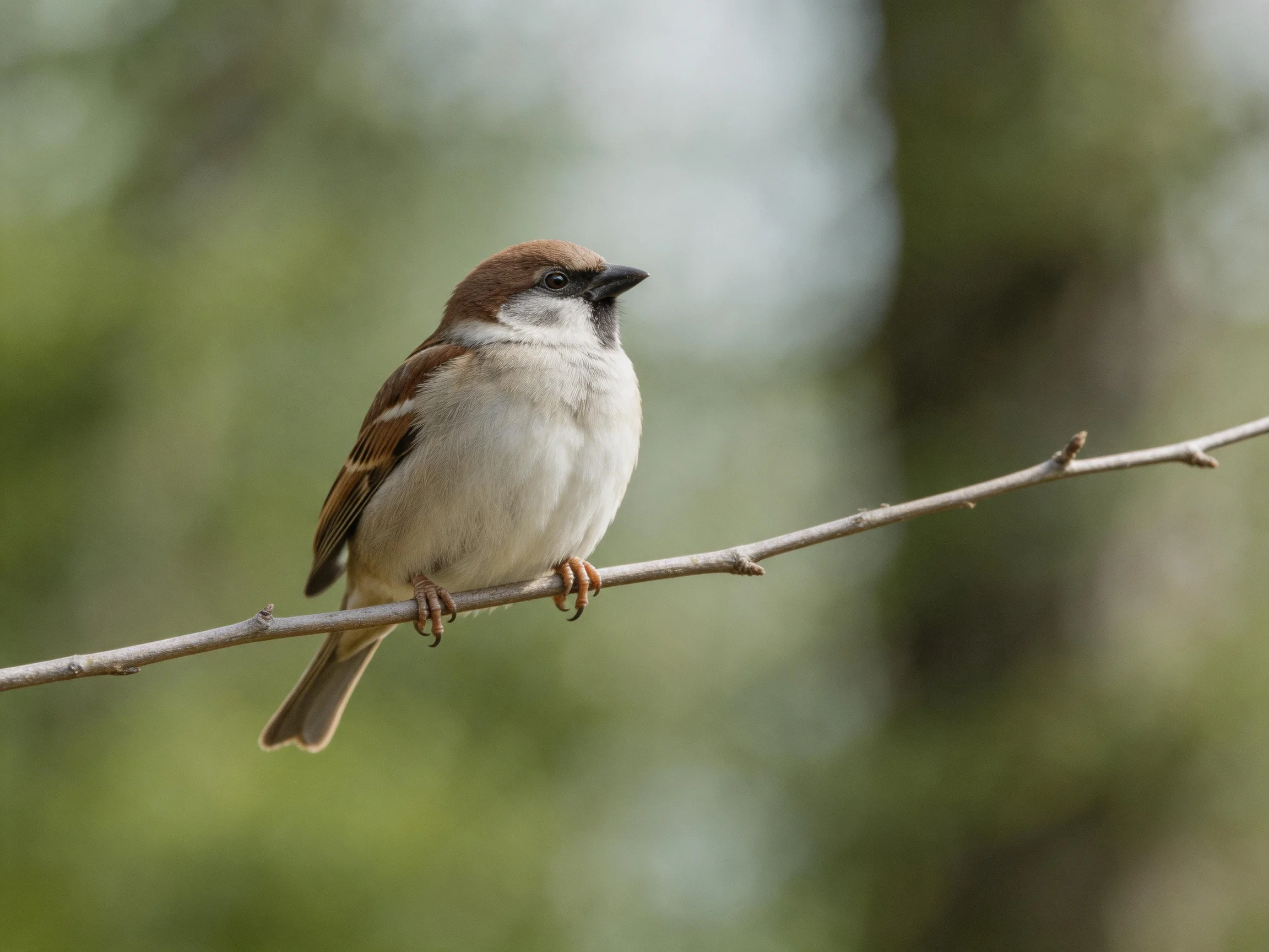 A small brown and white sparrow perched on a thin branch