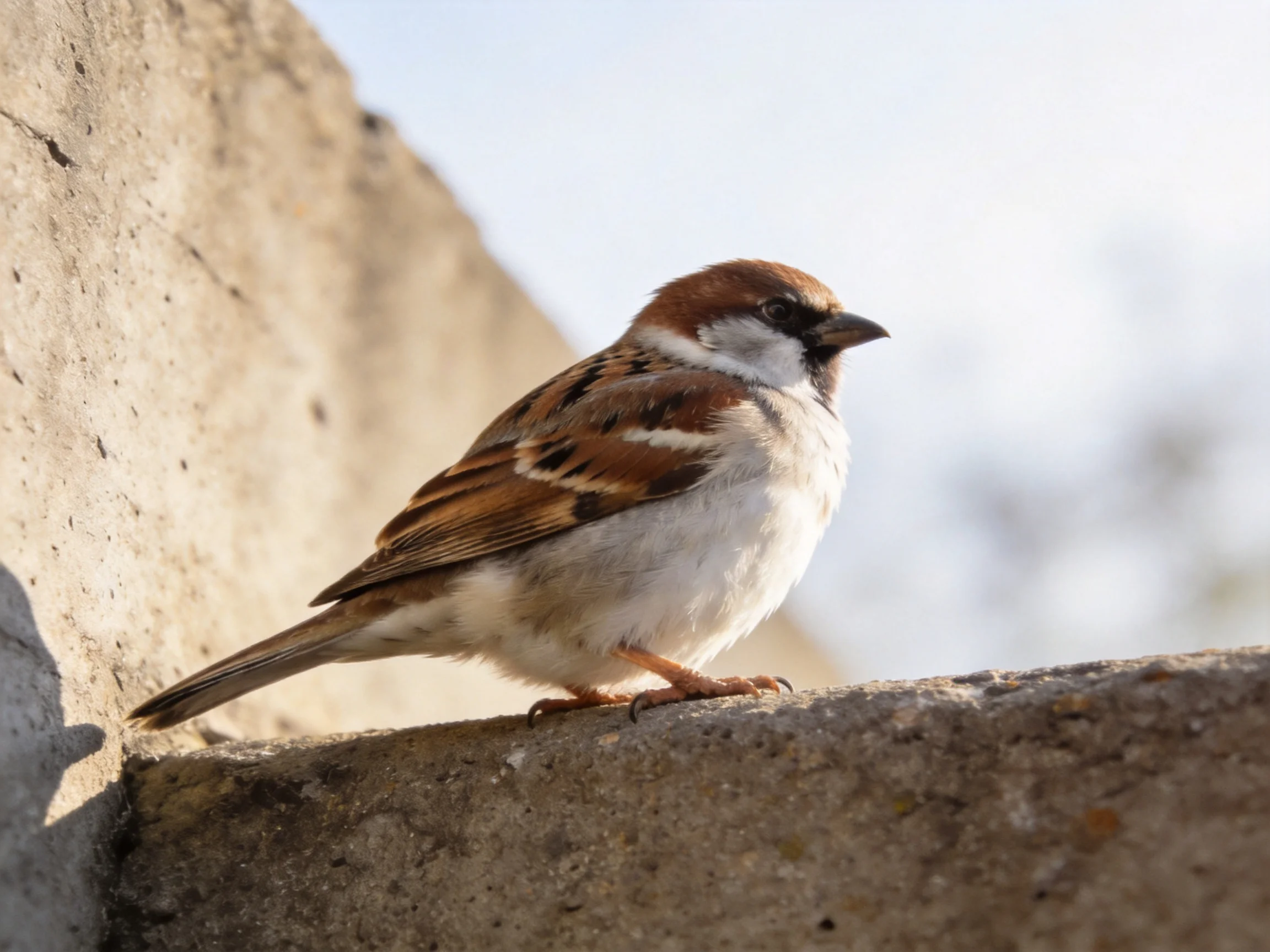 A small brown and white sparrow perched on a weathered stone ledge