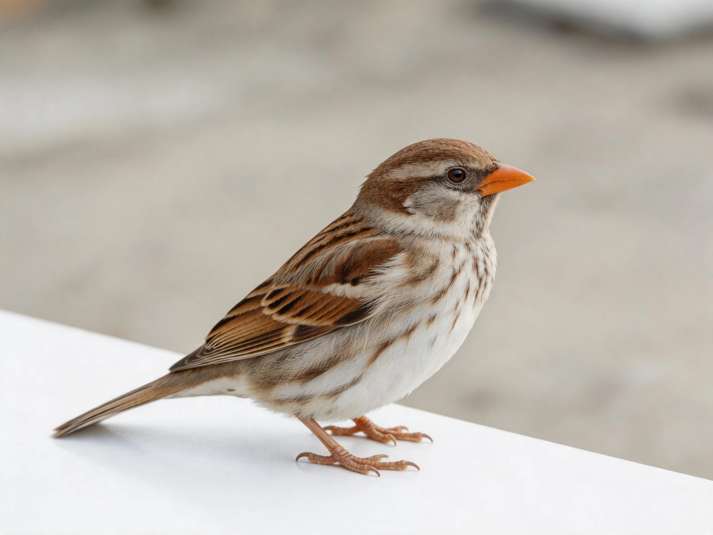 A small brown and white sparrow perched on a white ledge