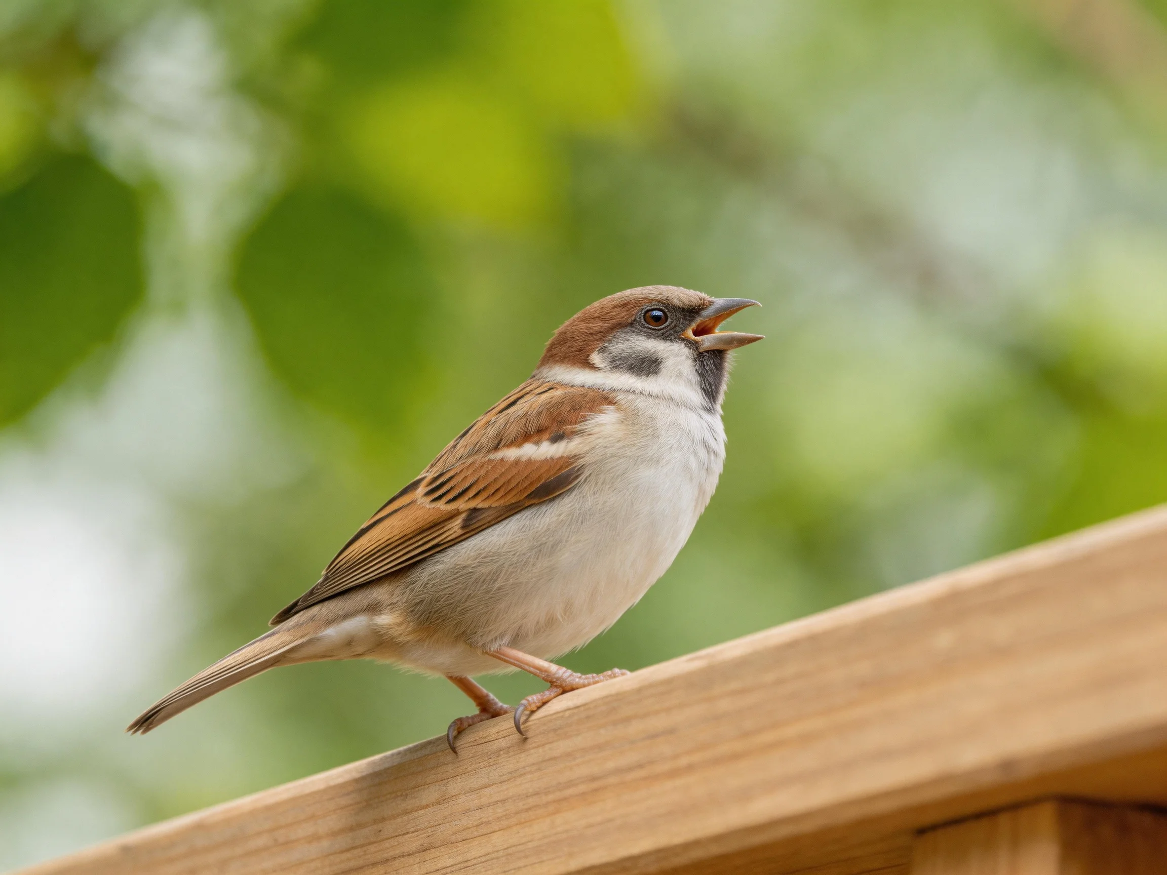 A small brown and white sparrow perched on a wooden beam