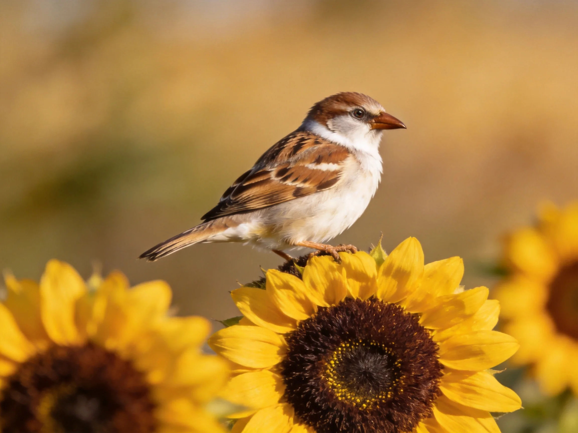 A small brown and white sparrow perches atop bright yellow sunflowers
