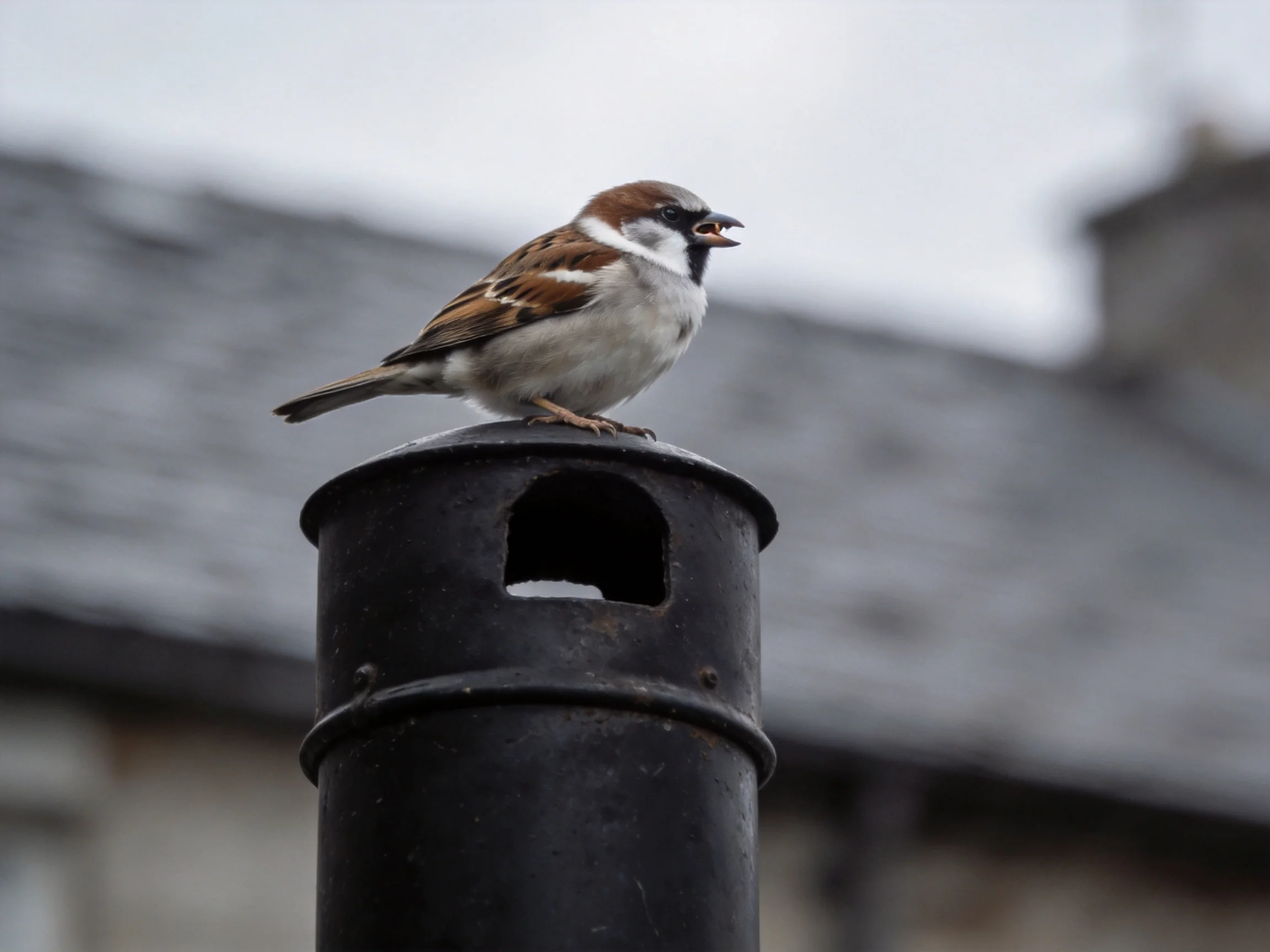 A small brown and white sparrow perches on a black cylindrical fixture near a gray-roofed building