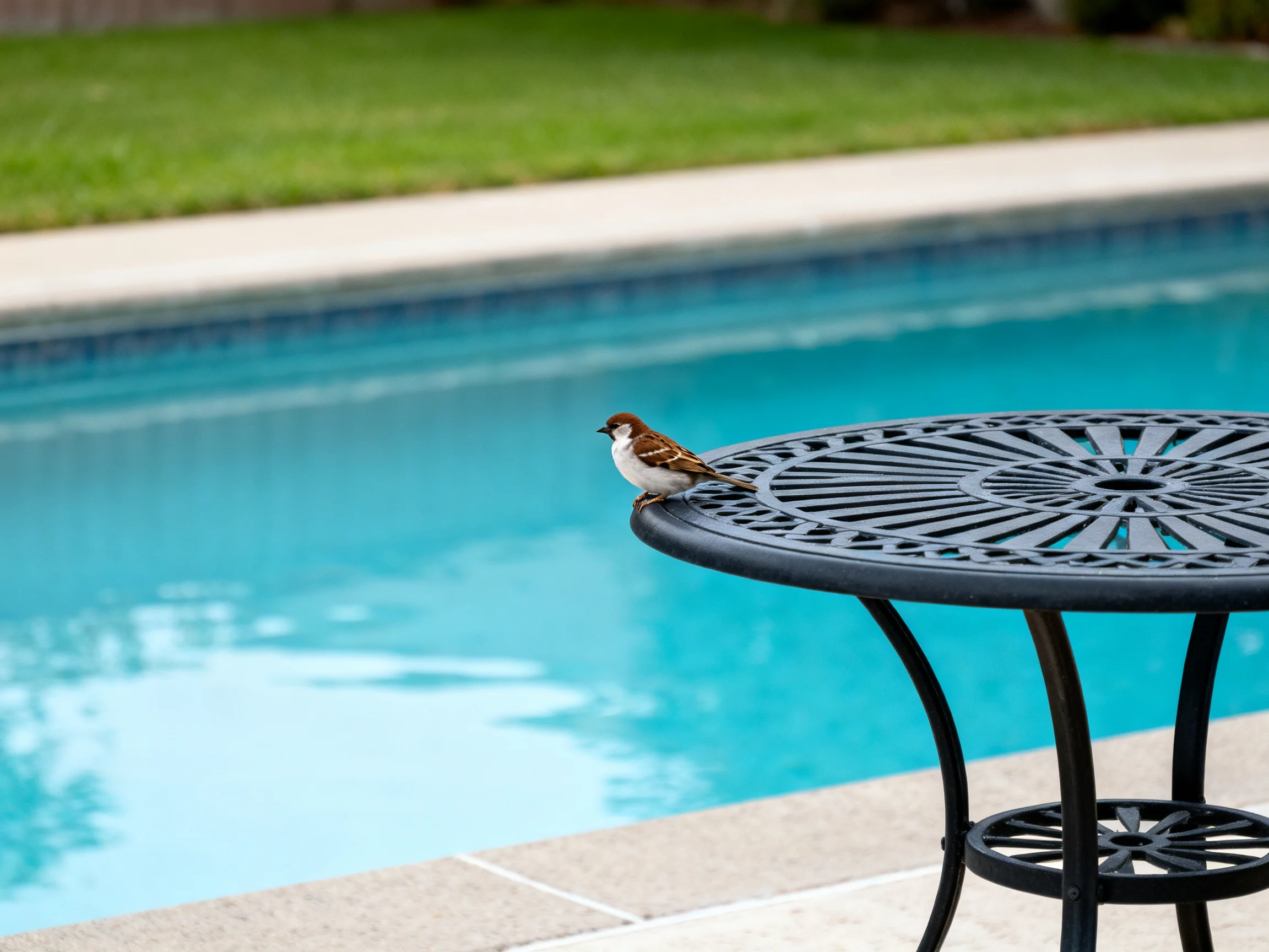 A small brown and white sparrow perches on a black wrought iron table by a blue swimming pool