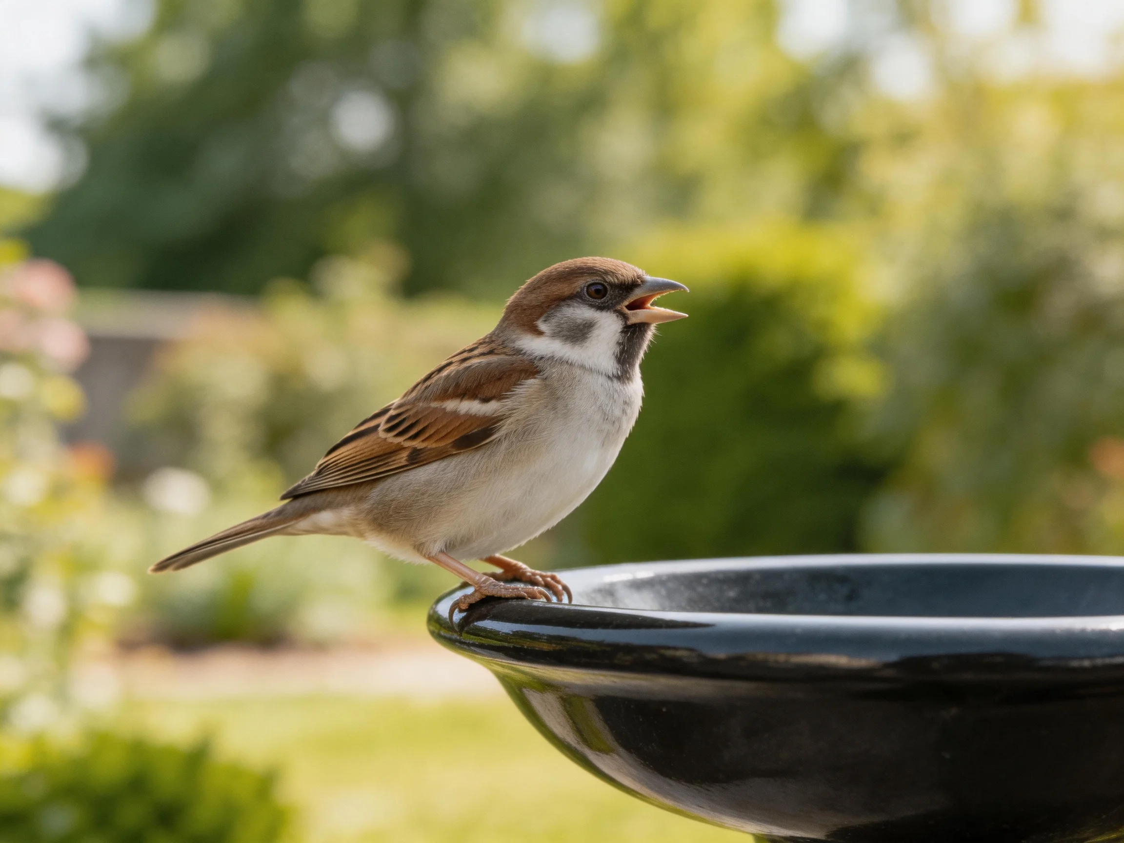 A small brown and white sparrow perches on a glossy black birdbath