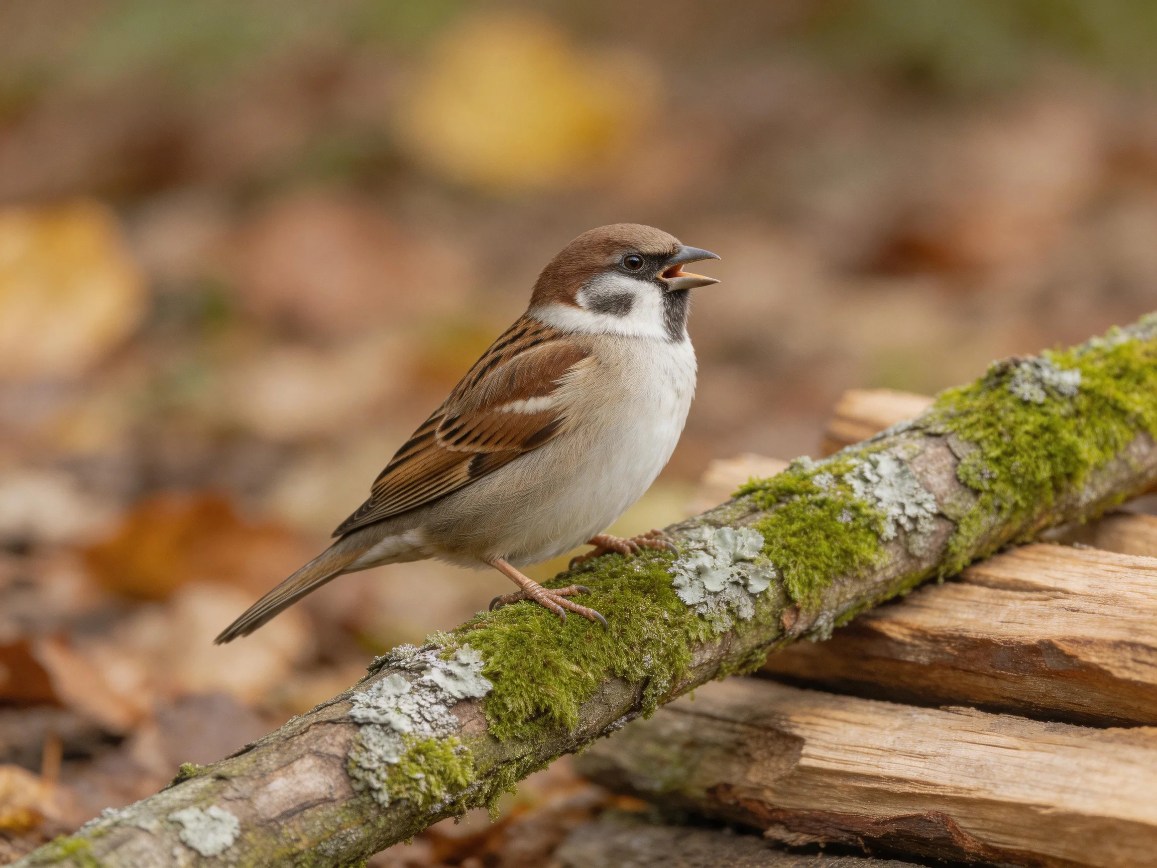 A small brown and white sparrow perches on a moss-covered branch