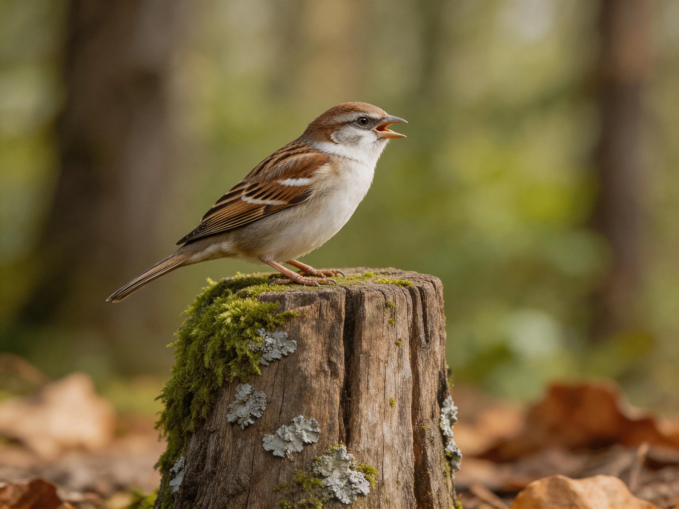 A small brown and white sparrow perches on a moss-covered wooden stump