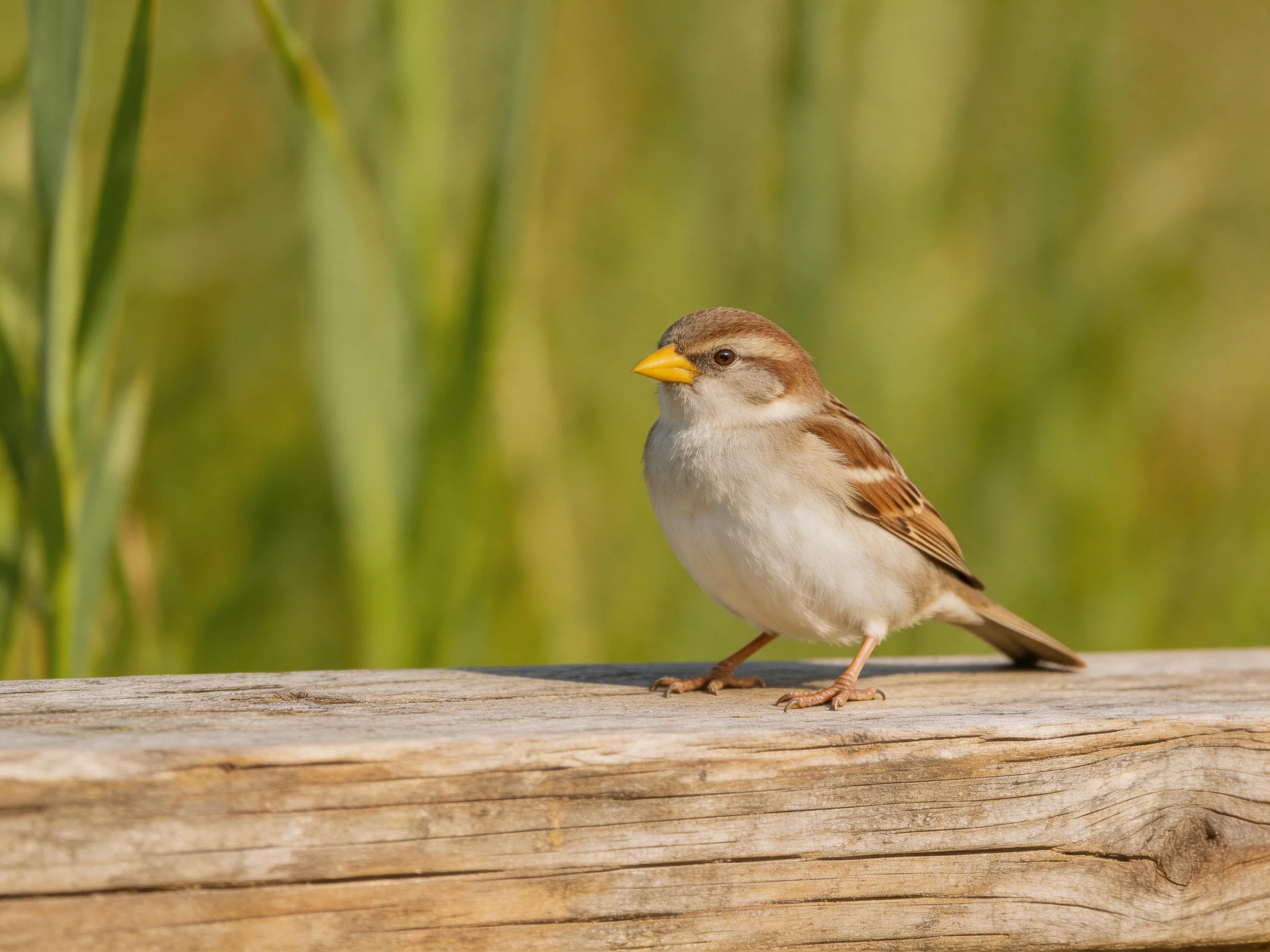 A small brown and white sparrow perches on a weathered wooden beam