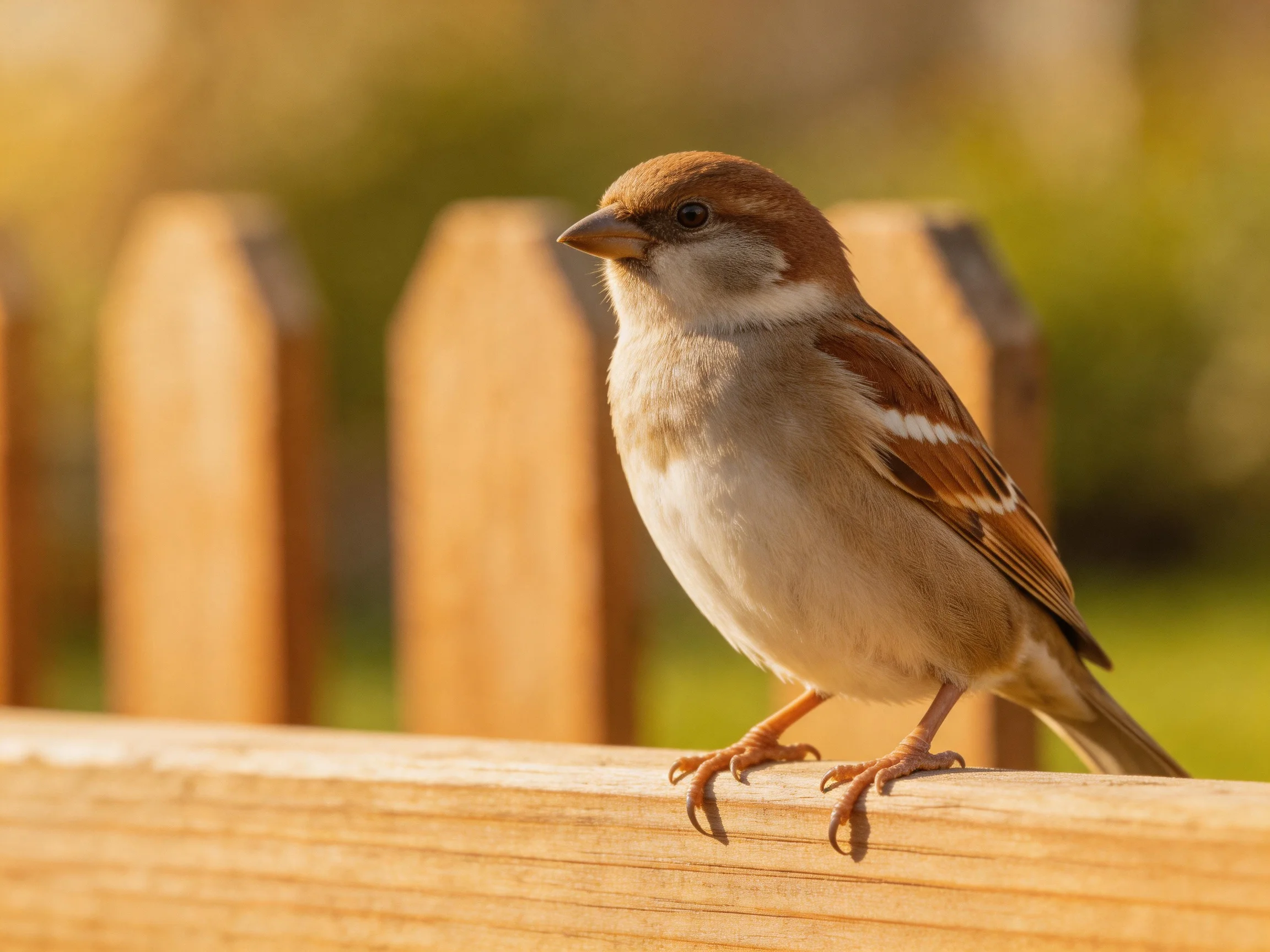 A small brown and white sparrow perches on a wooden fence with pickets