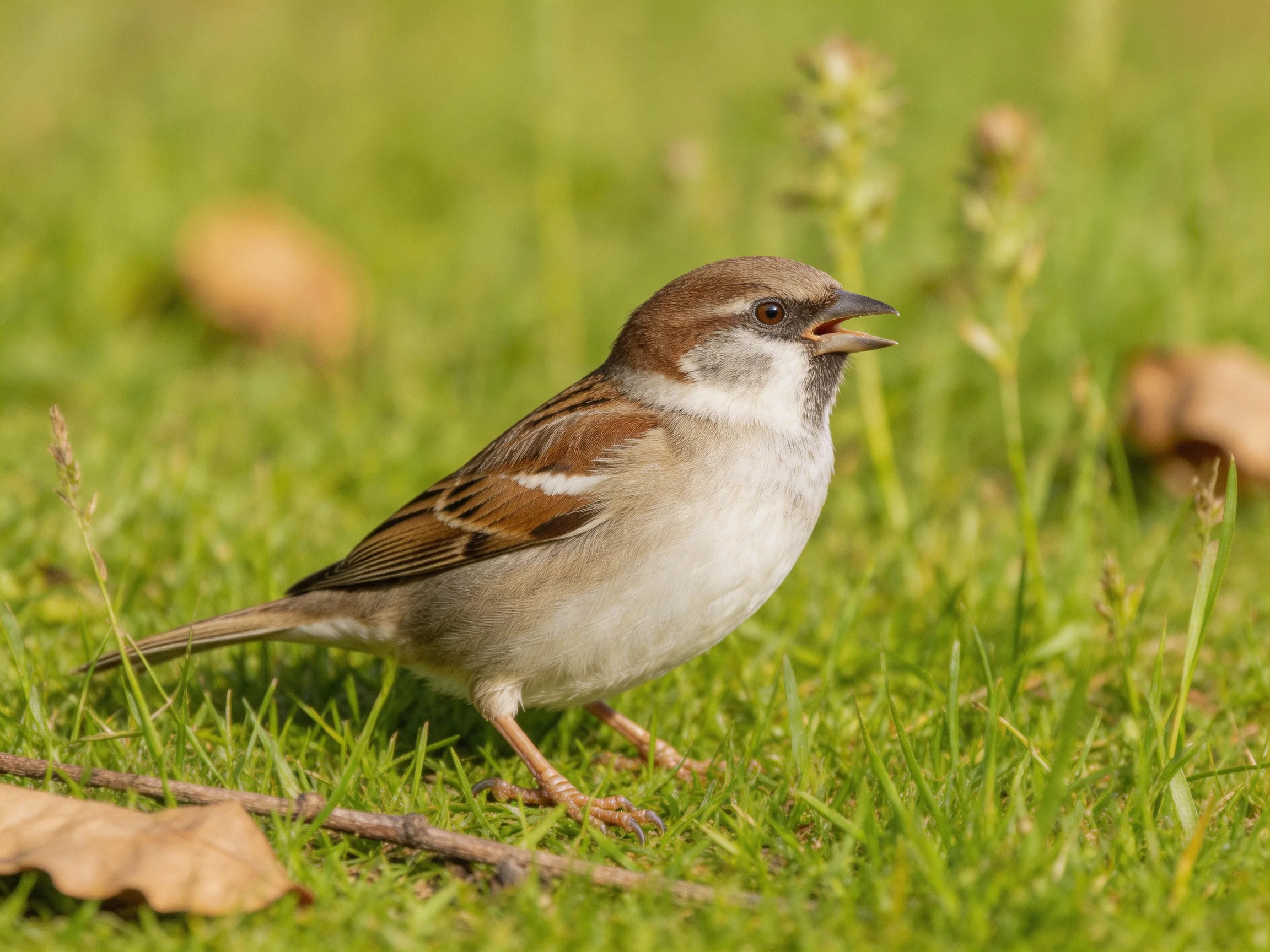 A small brown and white sparrow stands on lush green grass