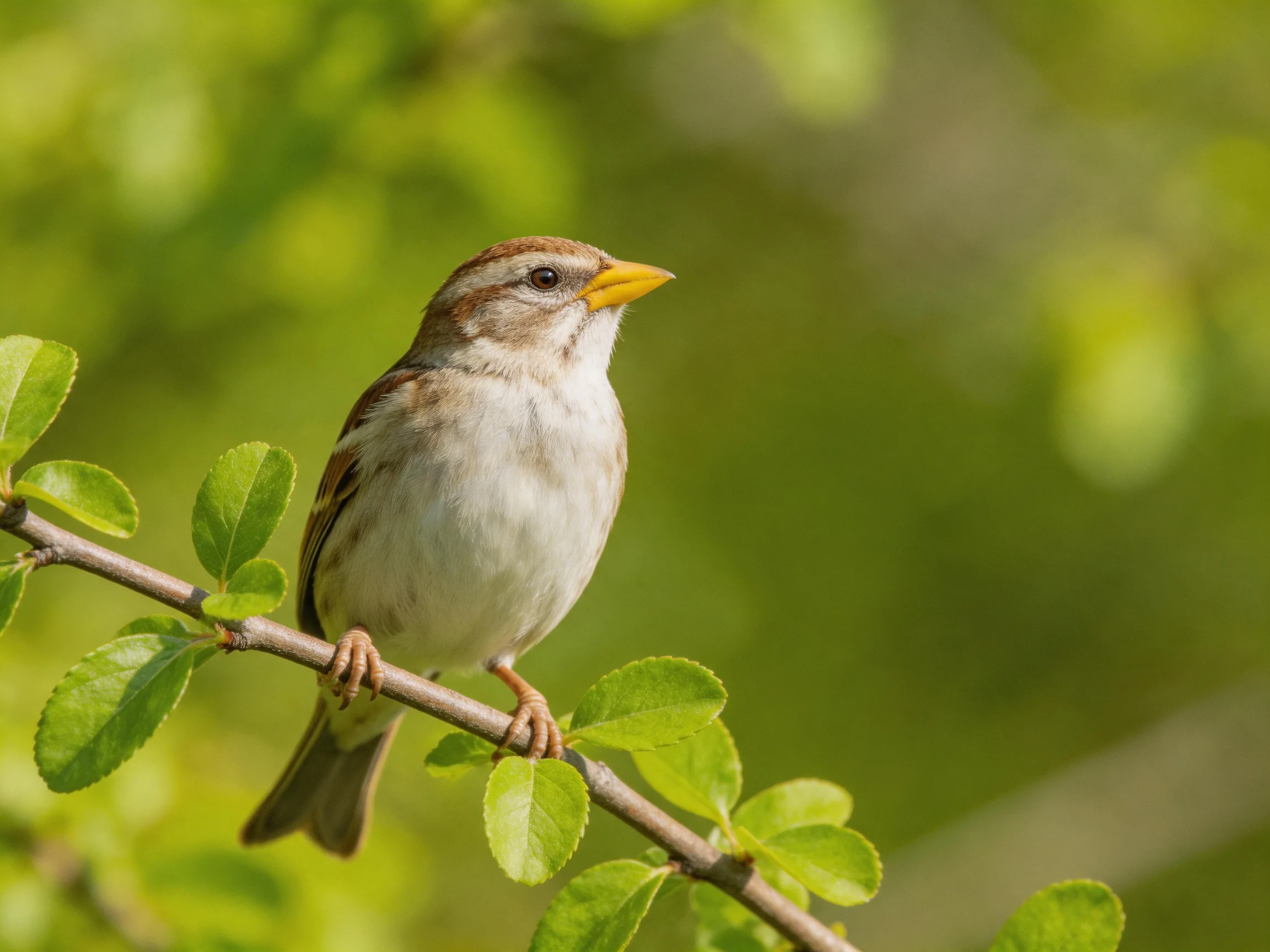 A small brown and white sparrow with a yellow beak perches on a leafy branch