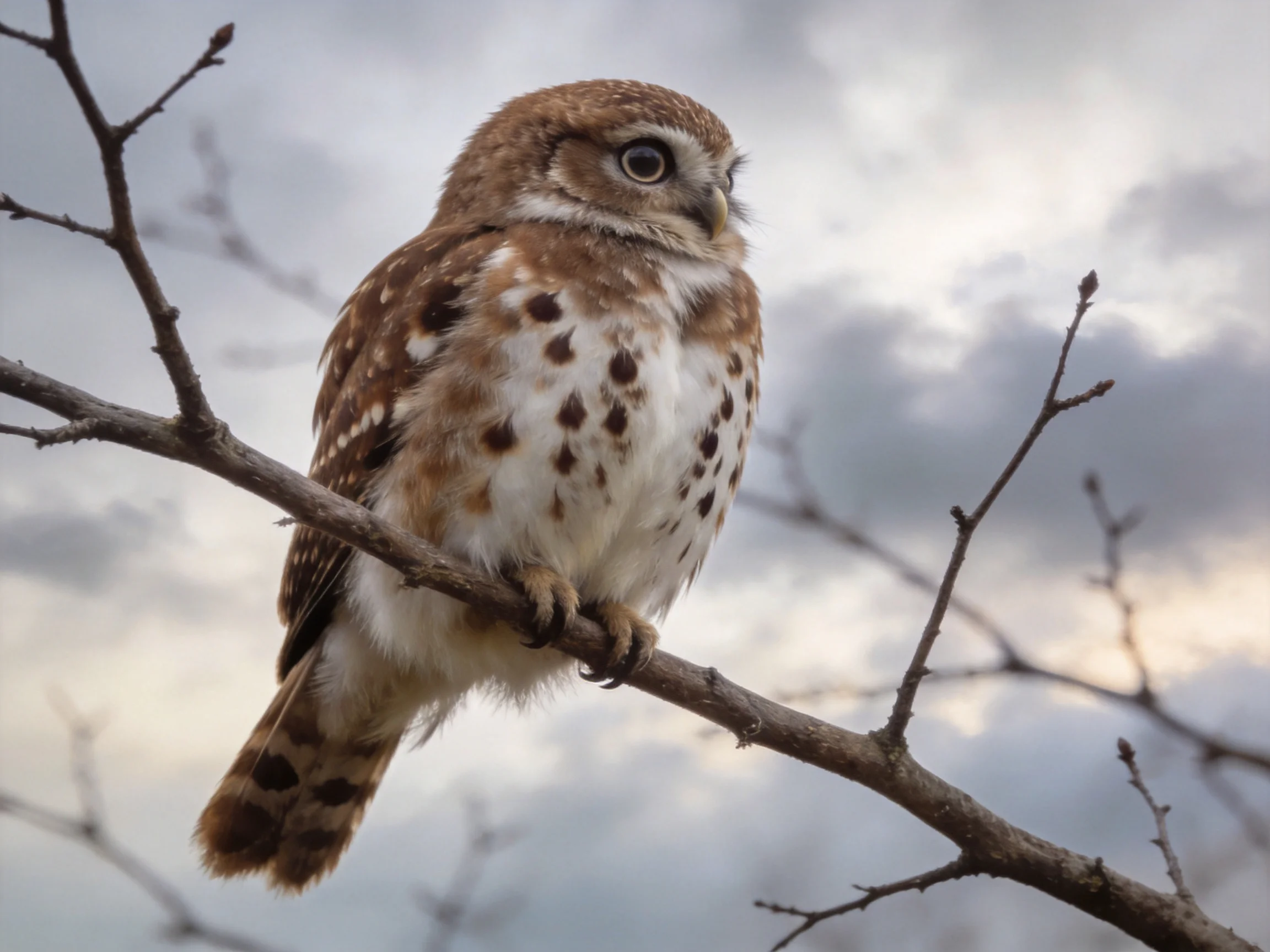 A small brown and white spotted owl perched on a bare tree branch