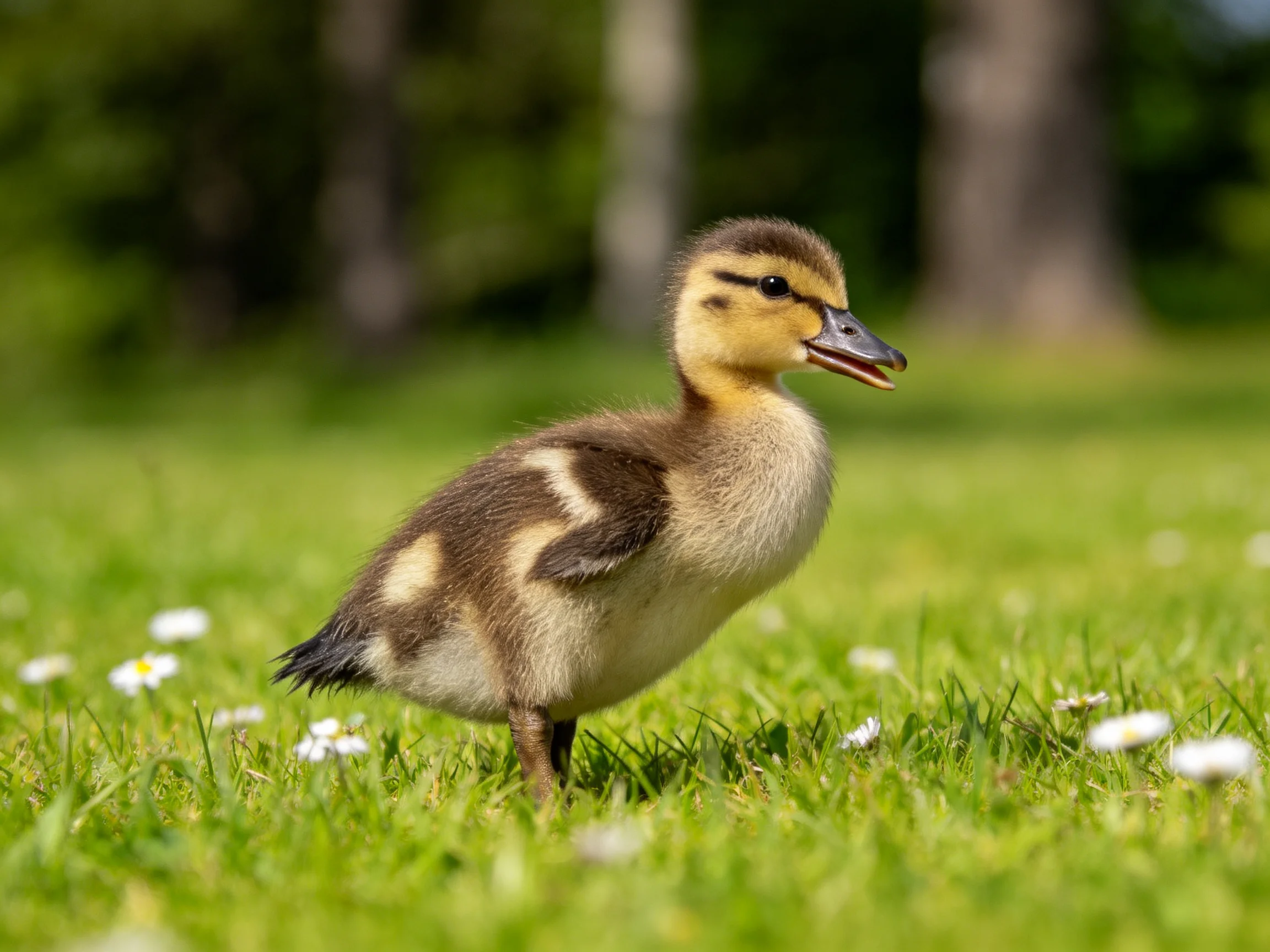 A small brown and yellow duckling stands on lush green grass
