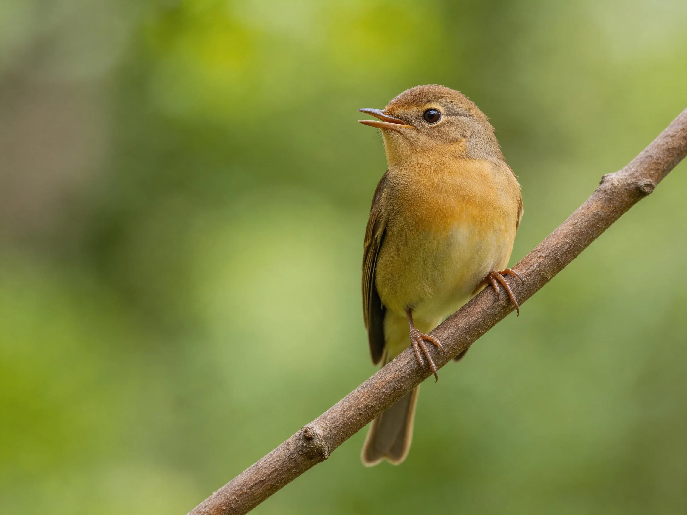 A small brown and yellow songbird rests on a thin branch amid a soft green backdrop.