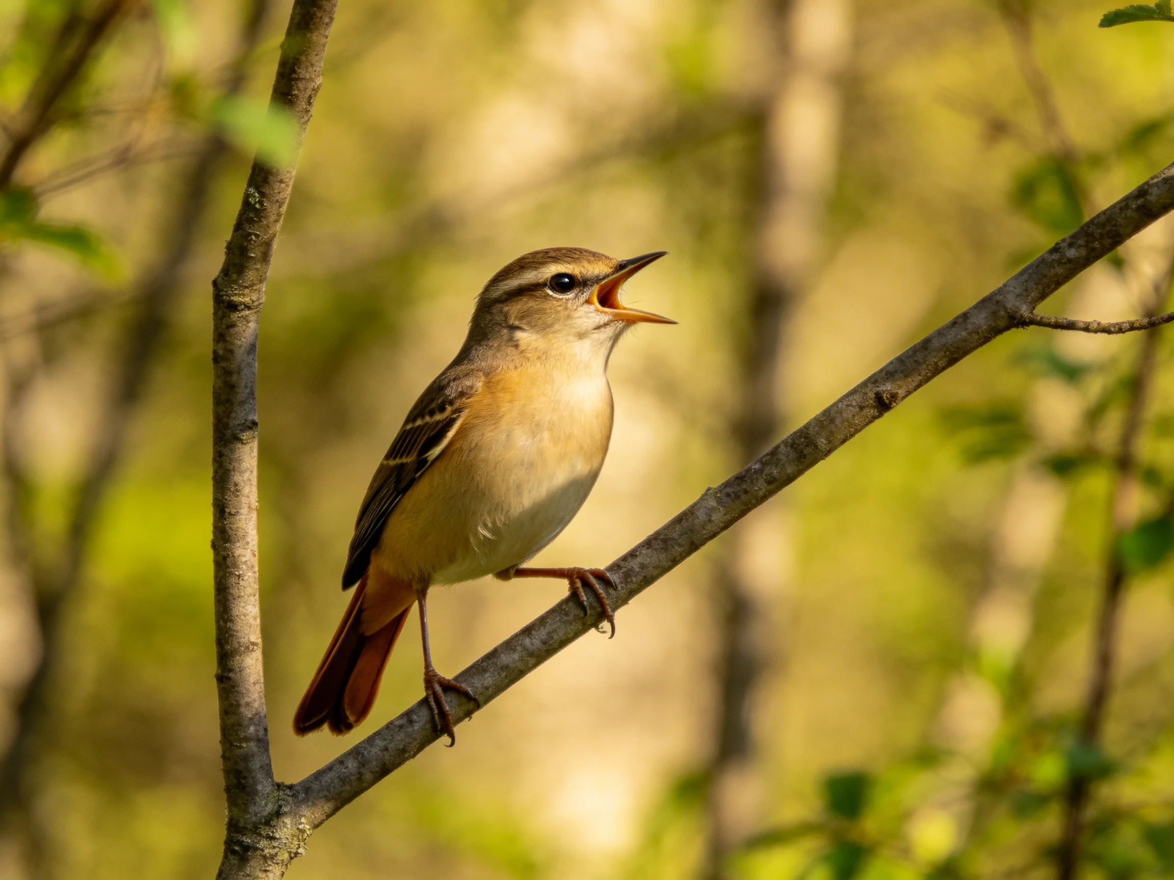 A small brown and yellow songbird perched on a slender tree branch