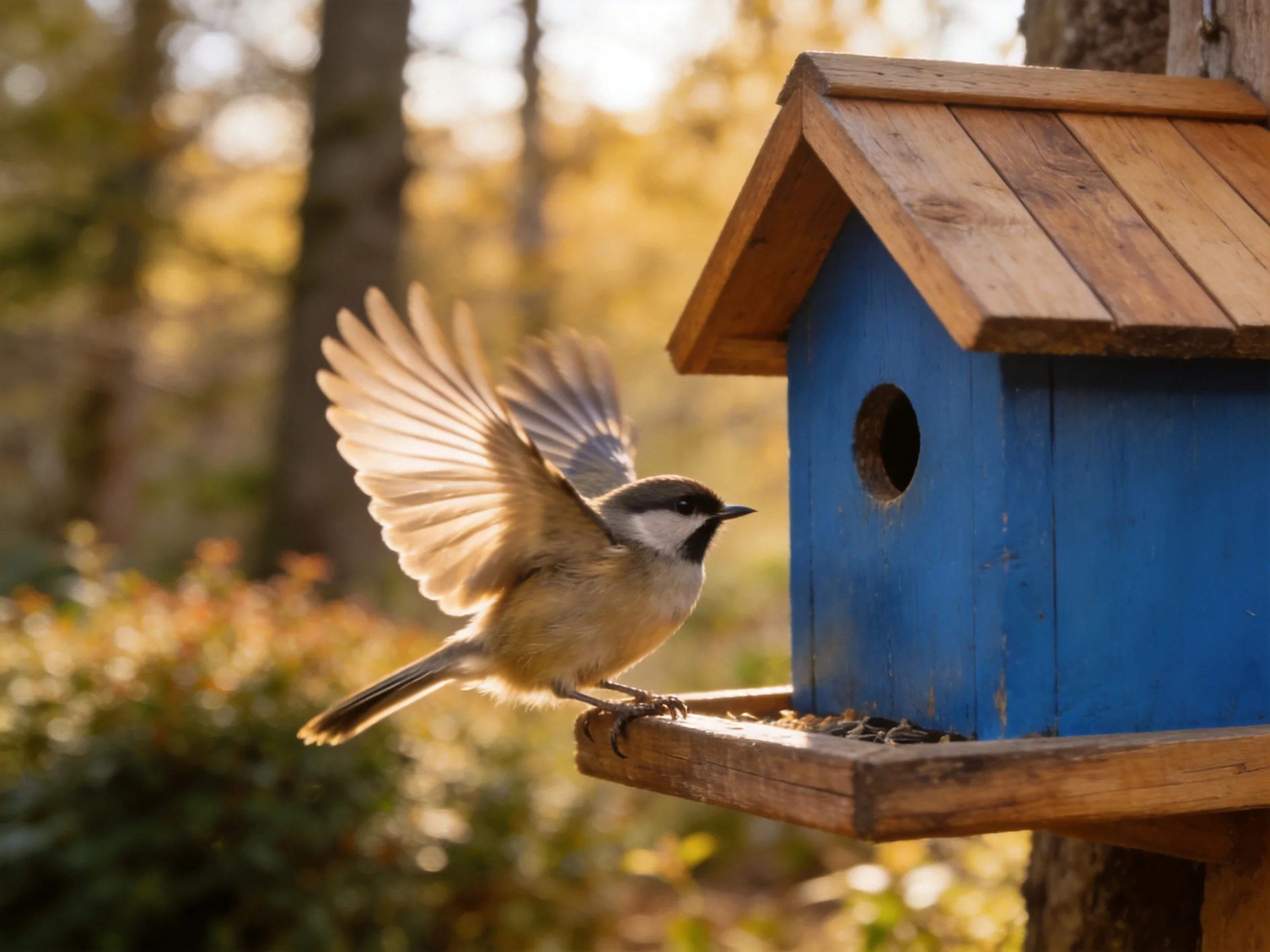 A small brown bird approaches a bright blue wooden birdhouse in a sunlit natural setting.