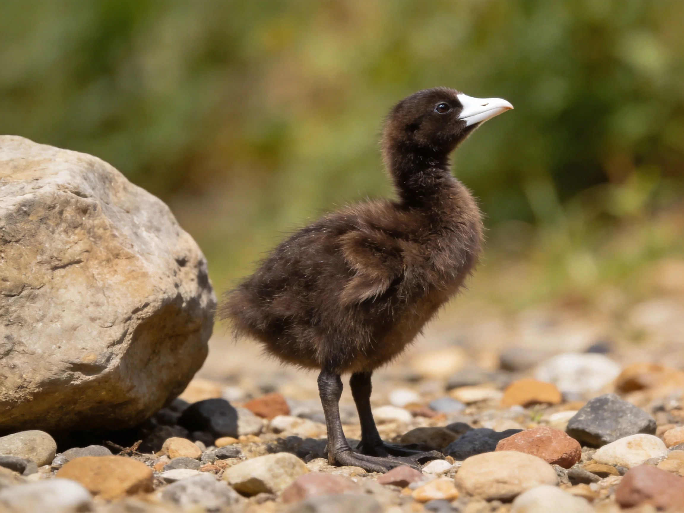 A small brown bird chick near large rocks on pebbles