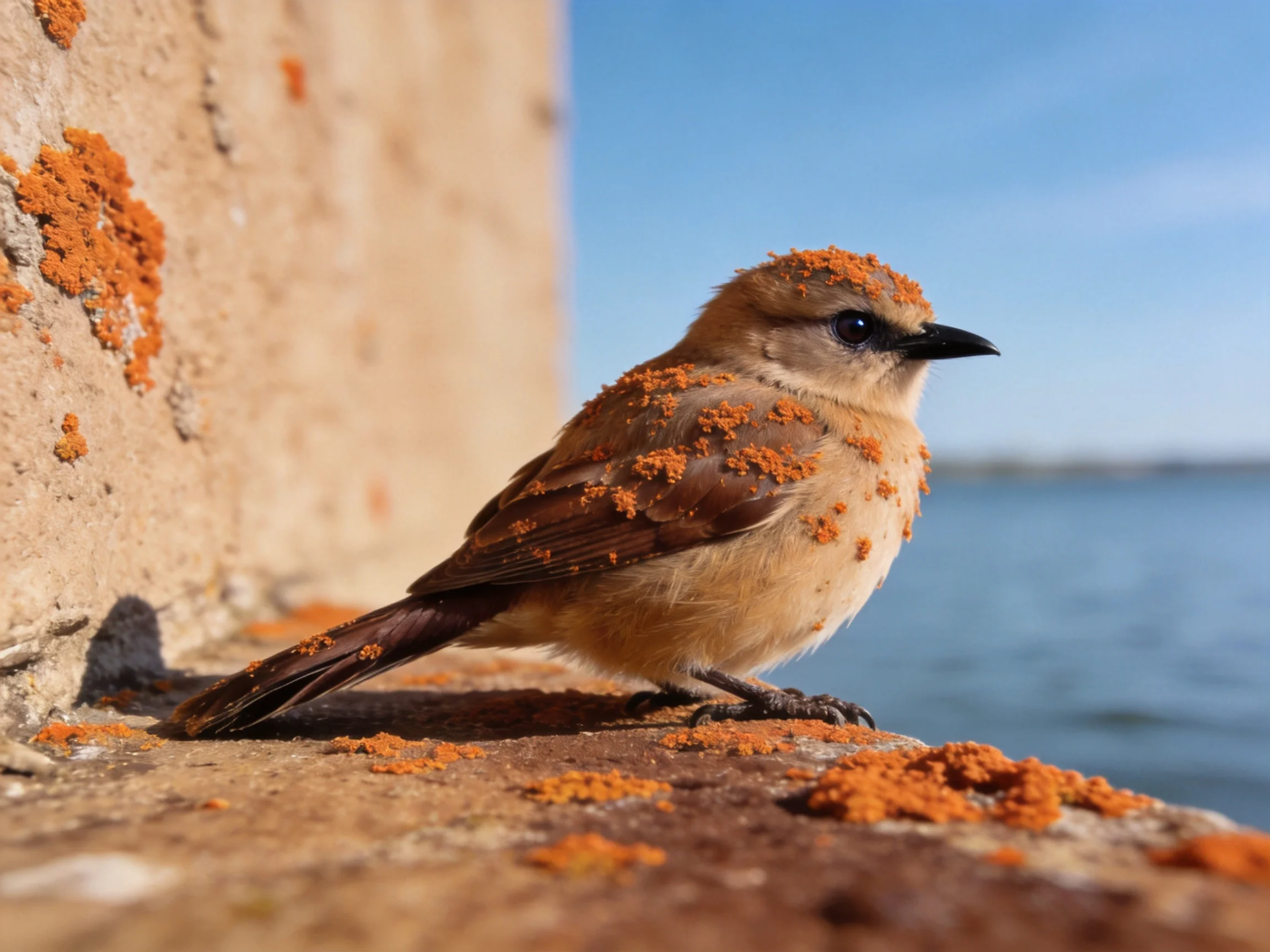 A small brown bird covered in orange lichen perches on a stone ledge by water