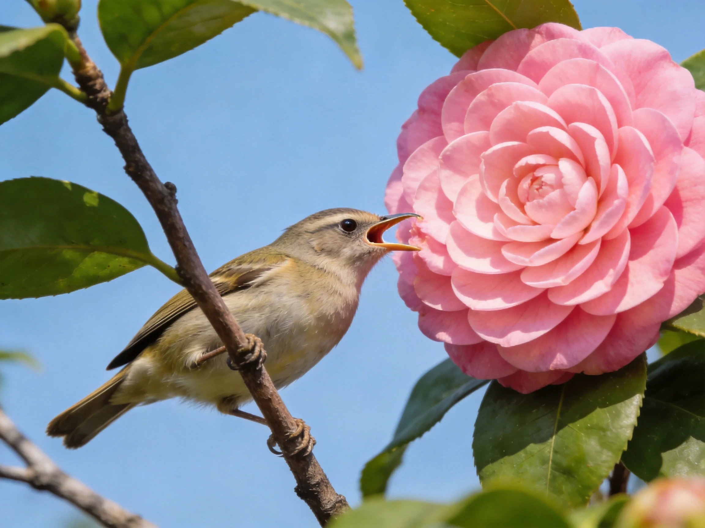 A small brown bird feeding from a large pink camellia blossom
