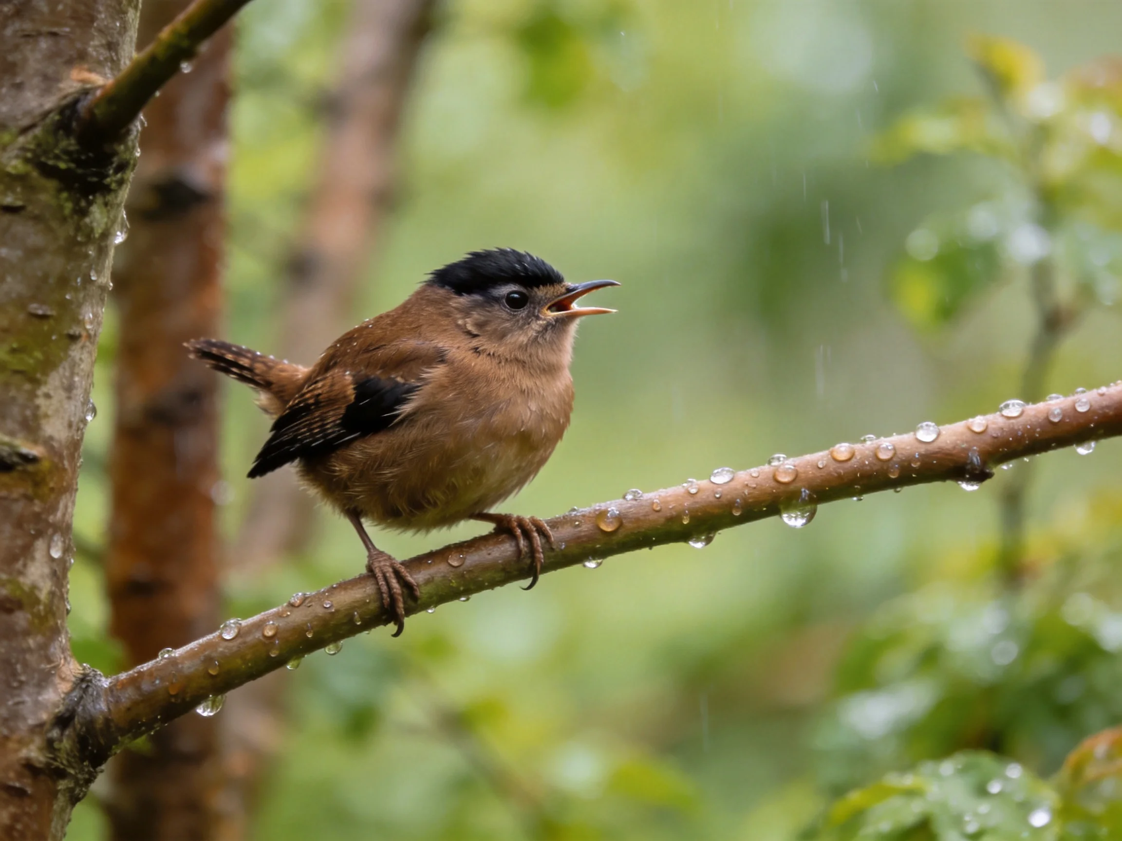 A small brown bird per black markings perches on a dewy tree branch during rainfall