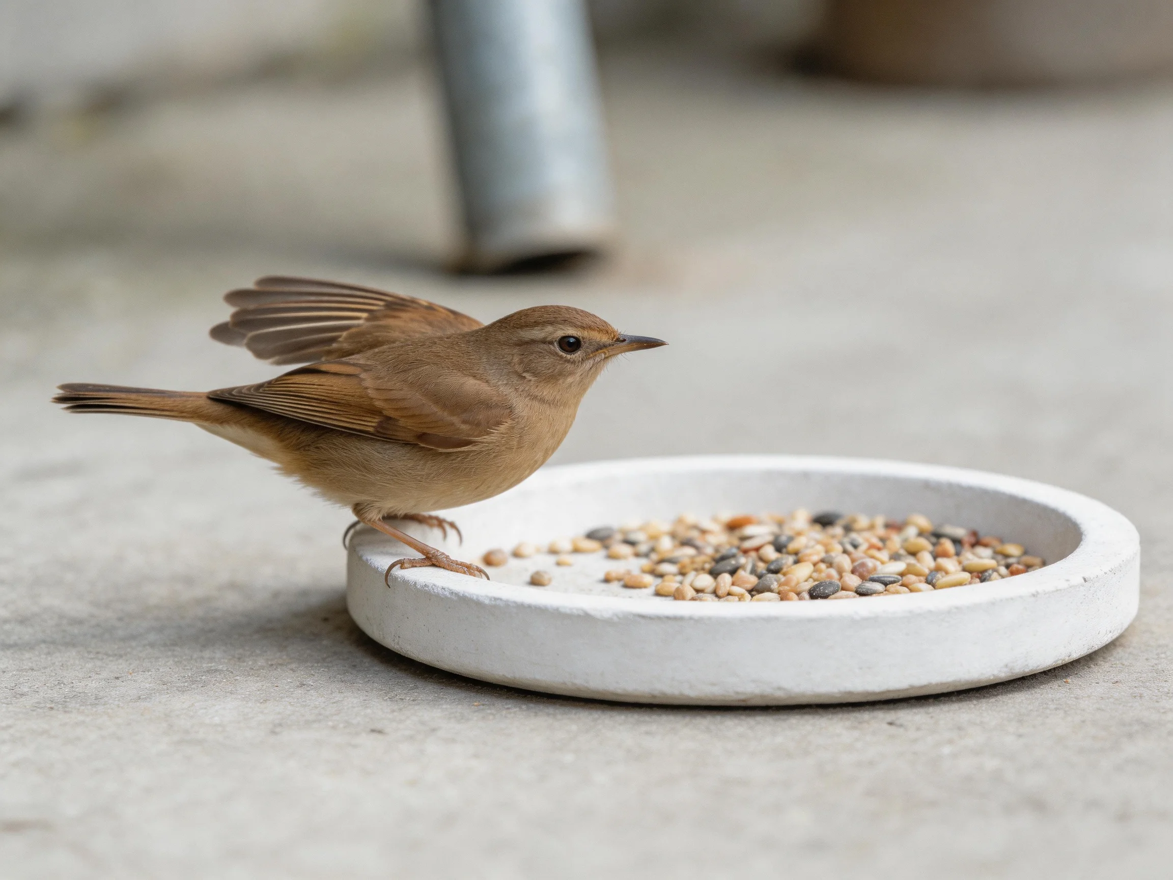 A small brown bird perched by a white seed dish on a concrete surface