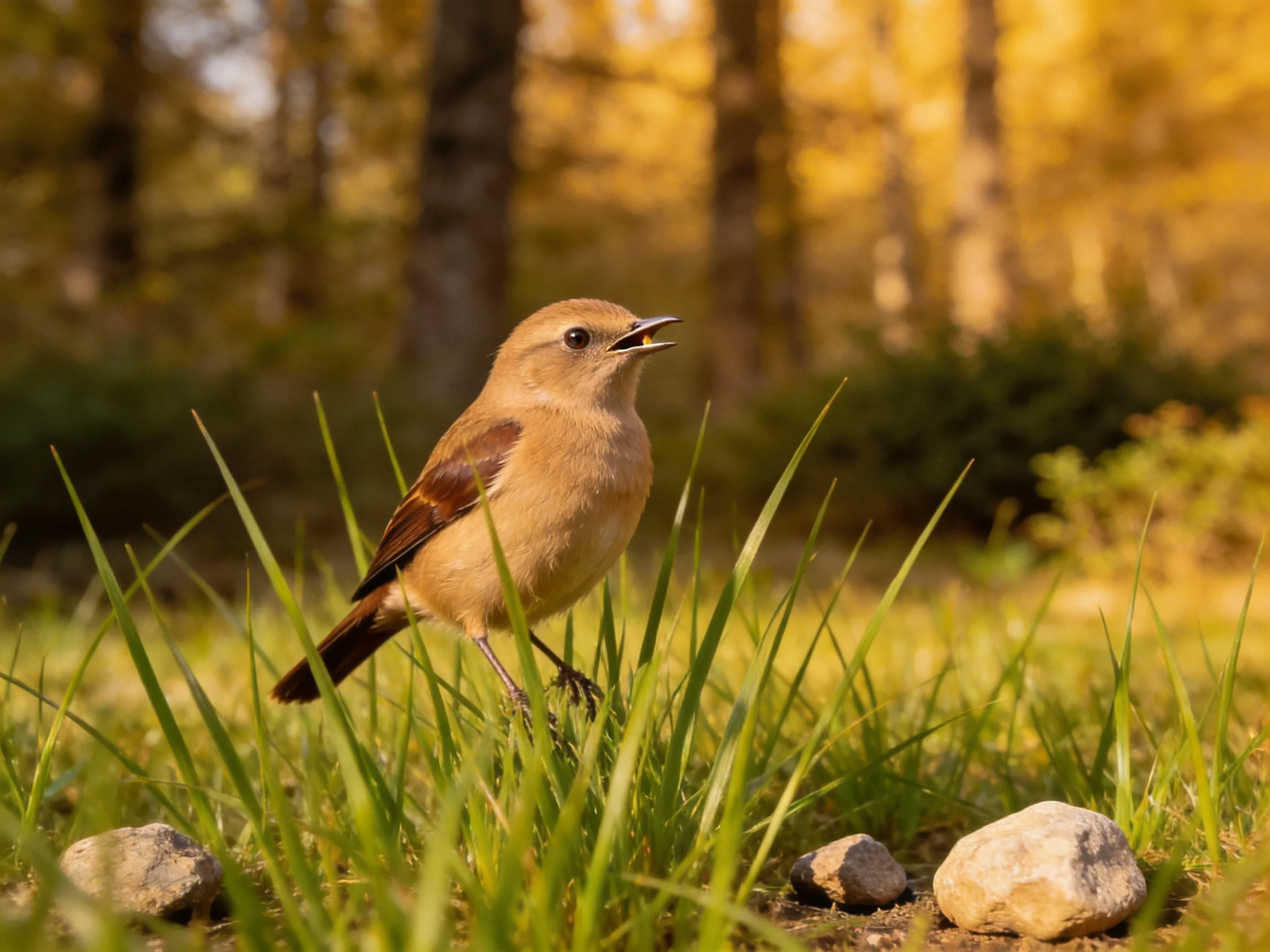 A small brown bird perched in tall green grass near rocks
