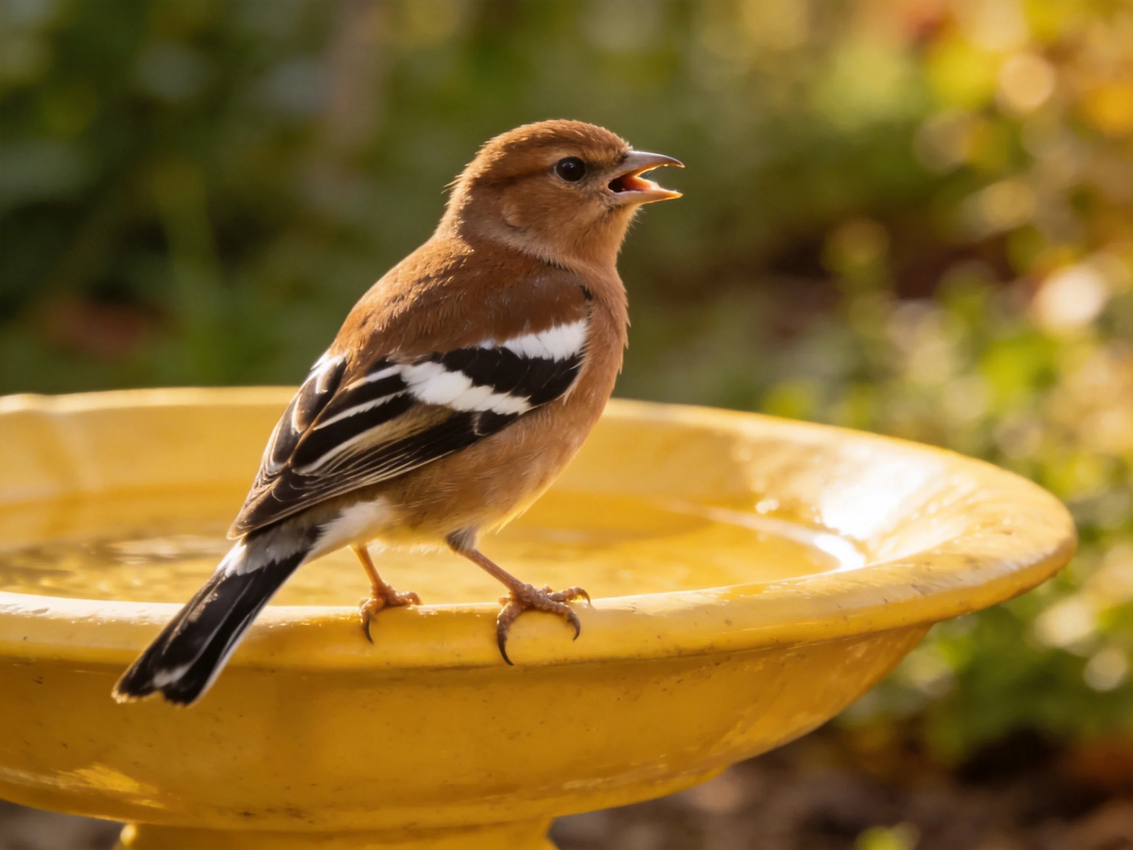 A small brown bird perched on a bright yellow birdbath with black and white wings