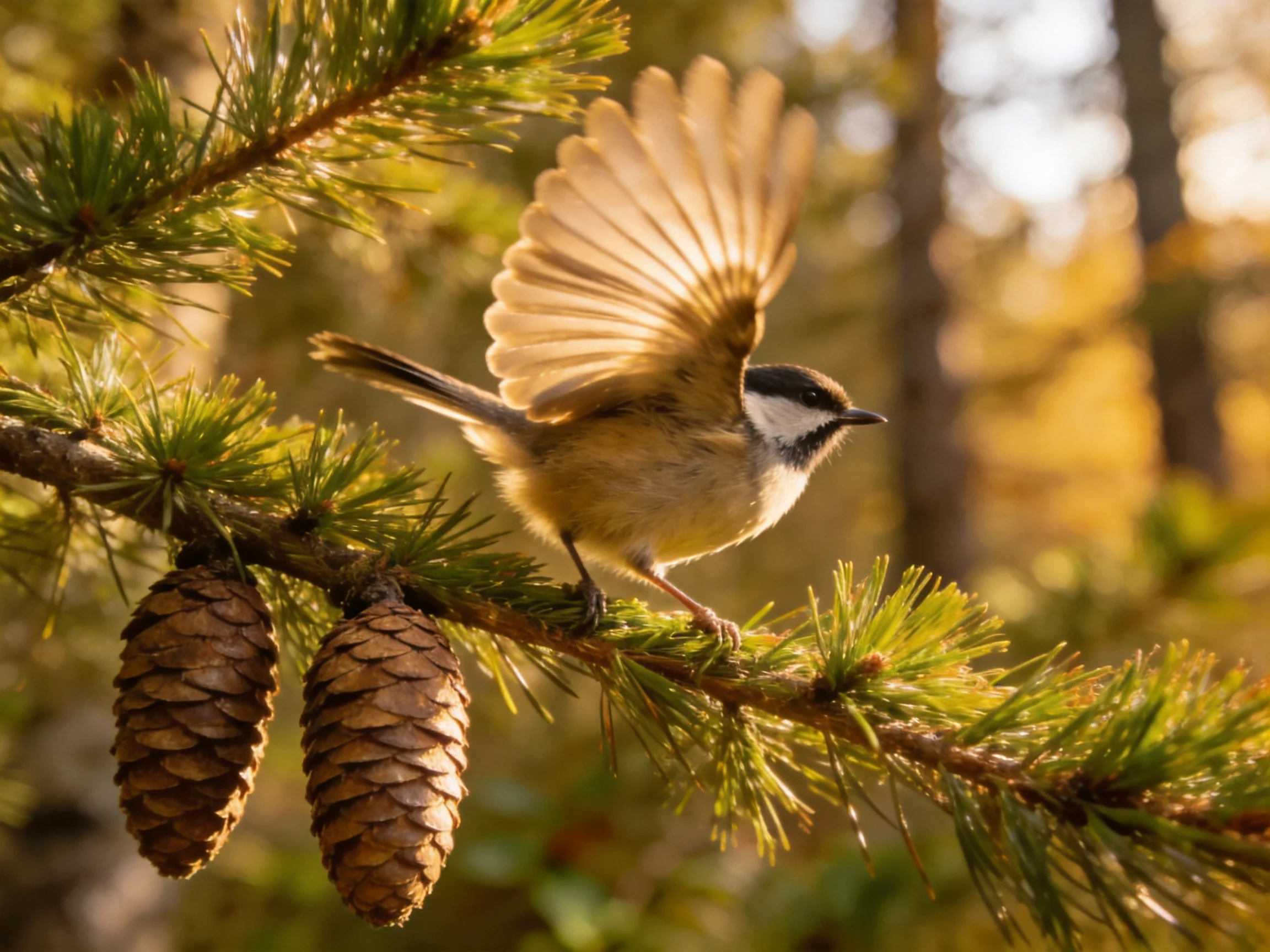 A small brown bird perches on a pine branch with pinecones in a sunlit forest.