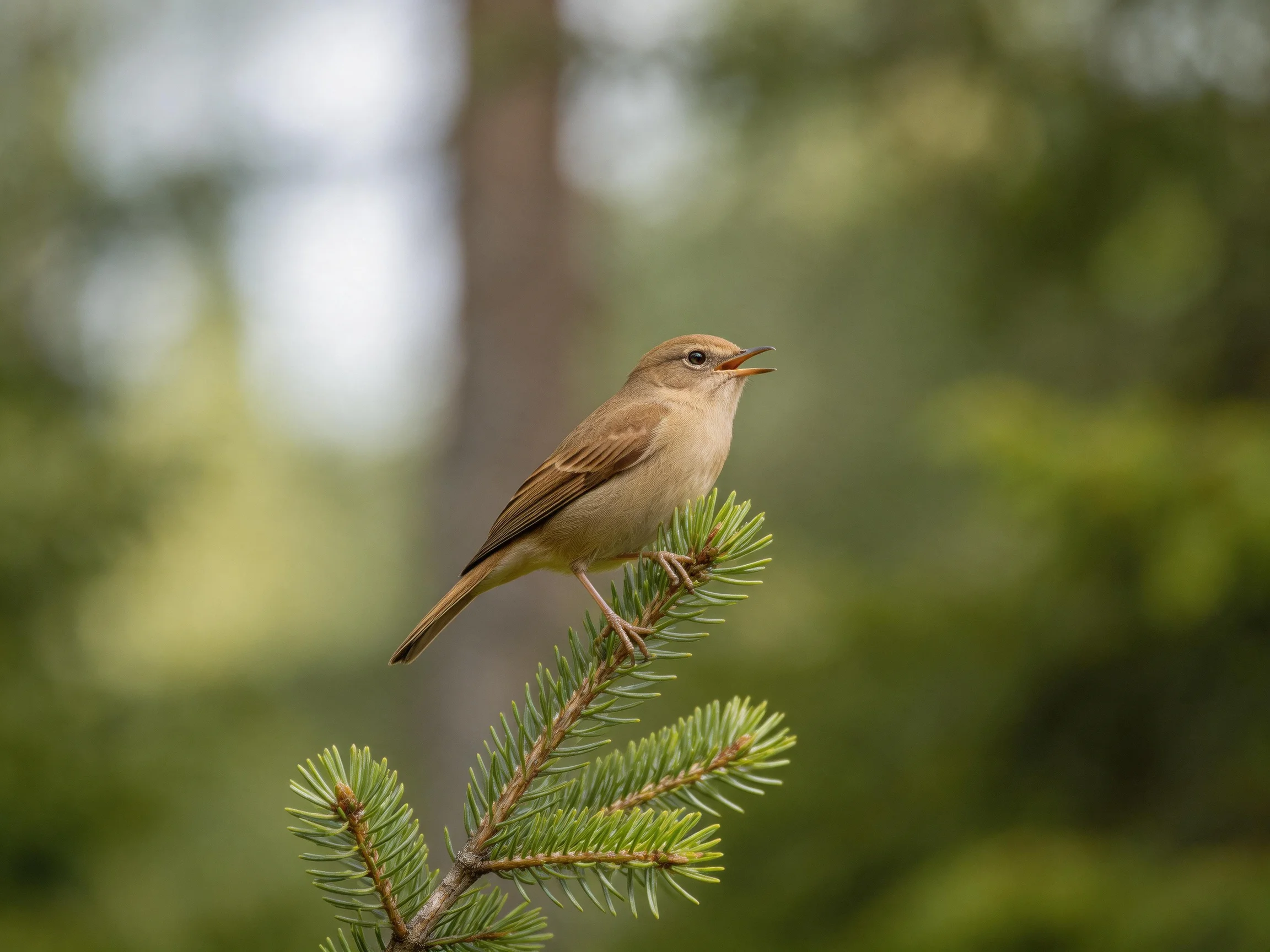 A small brown bird perched on a green pine branch
