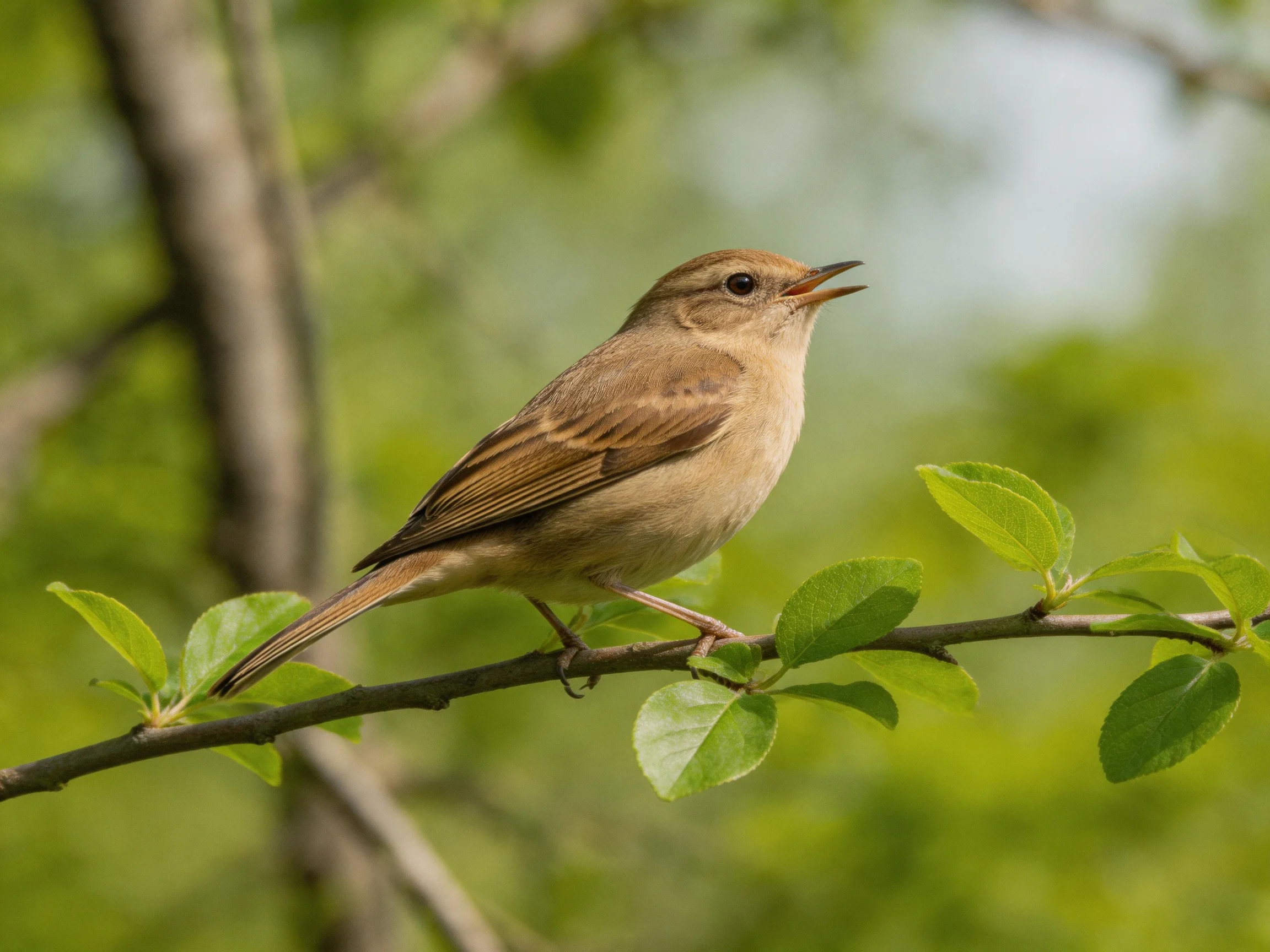 A small brown bird perched on a leafy branch