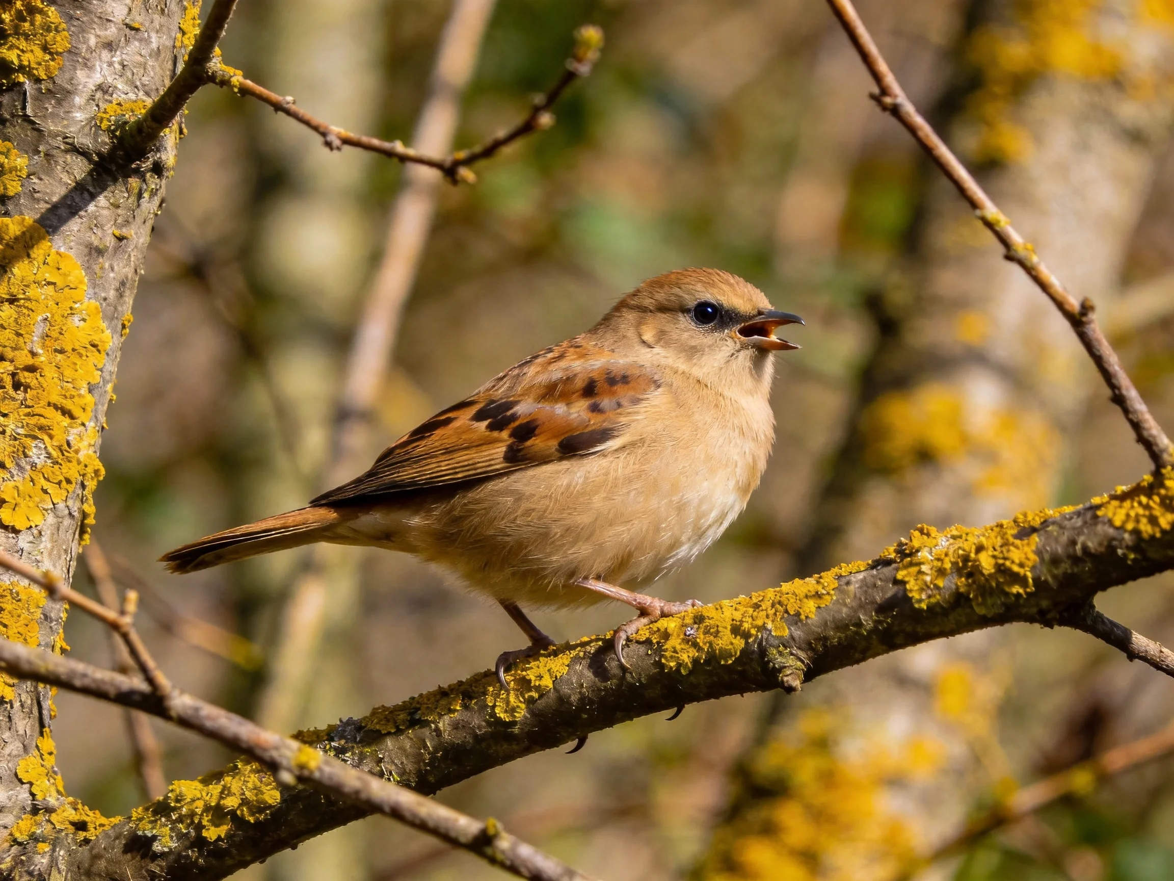 A small brown bird perched on a lichen-covered tree branch