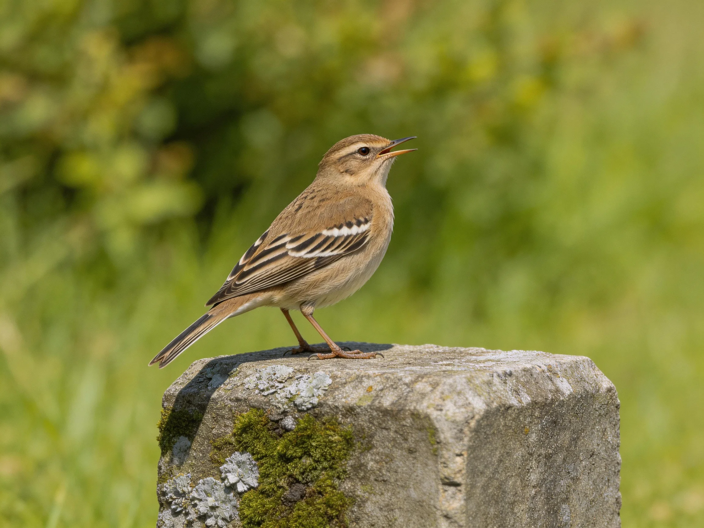 A small brown bird perched on a moss-covered stone post