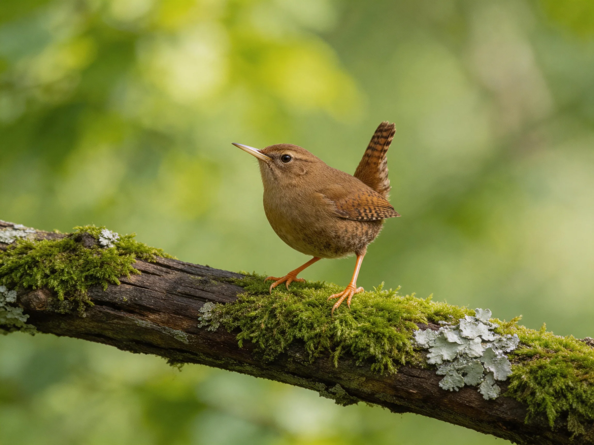 A small brown bird perched on a mossy lichen-covered branch
