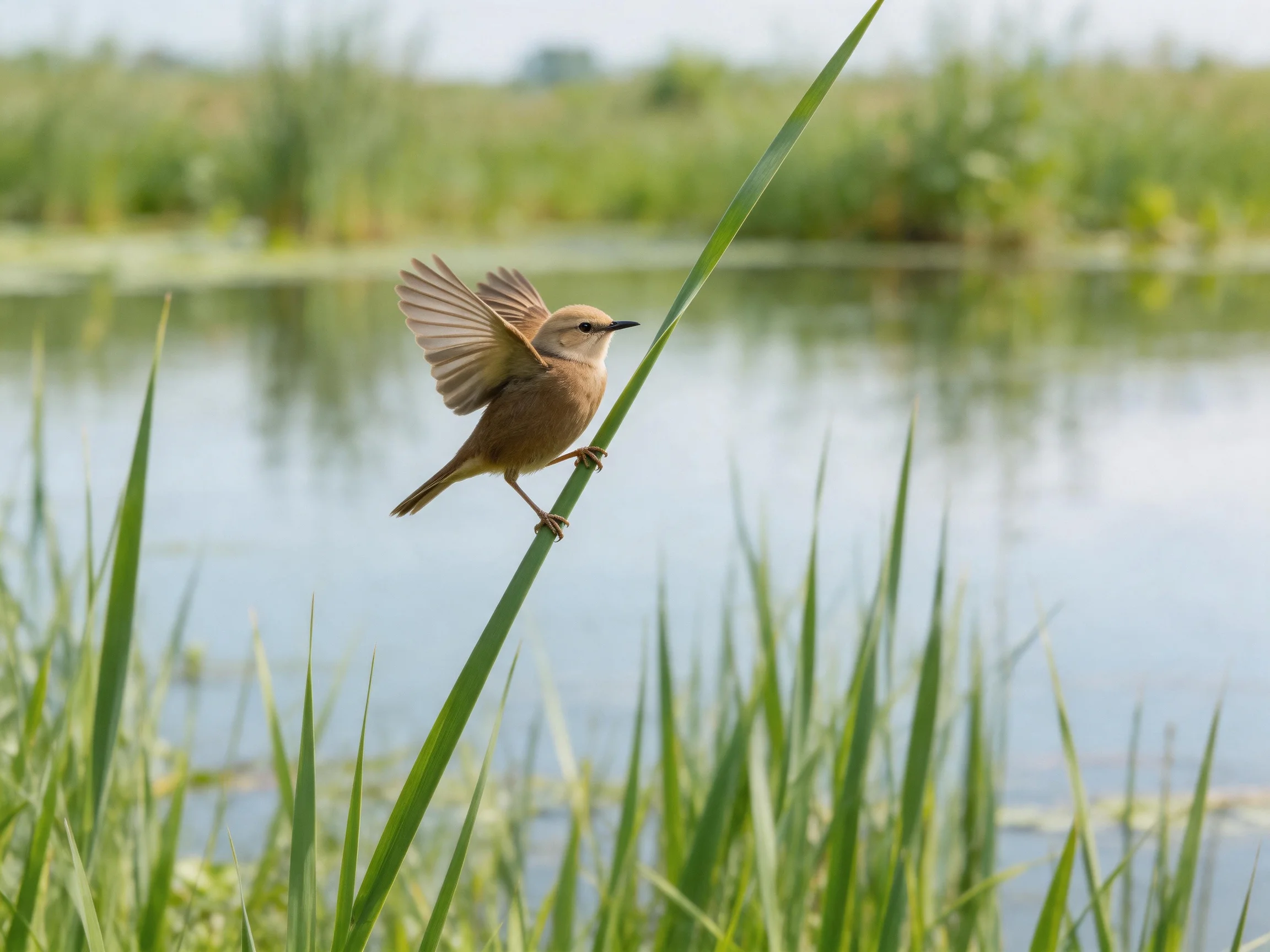 A small brown bird perched on a tall green reed by calm water