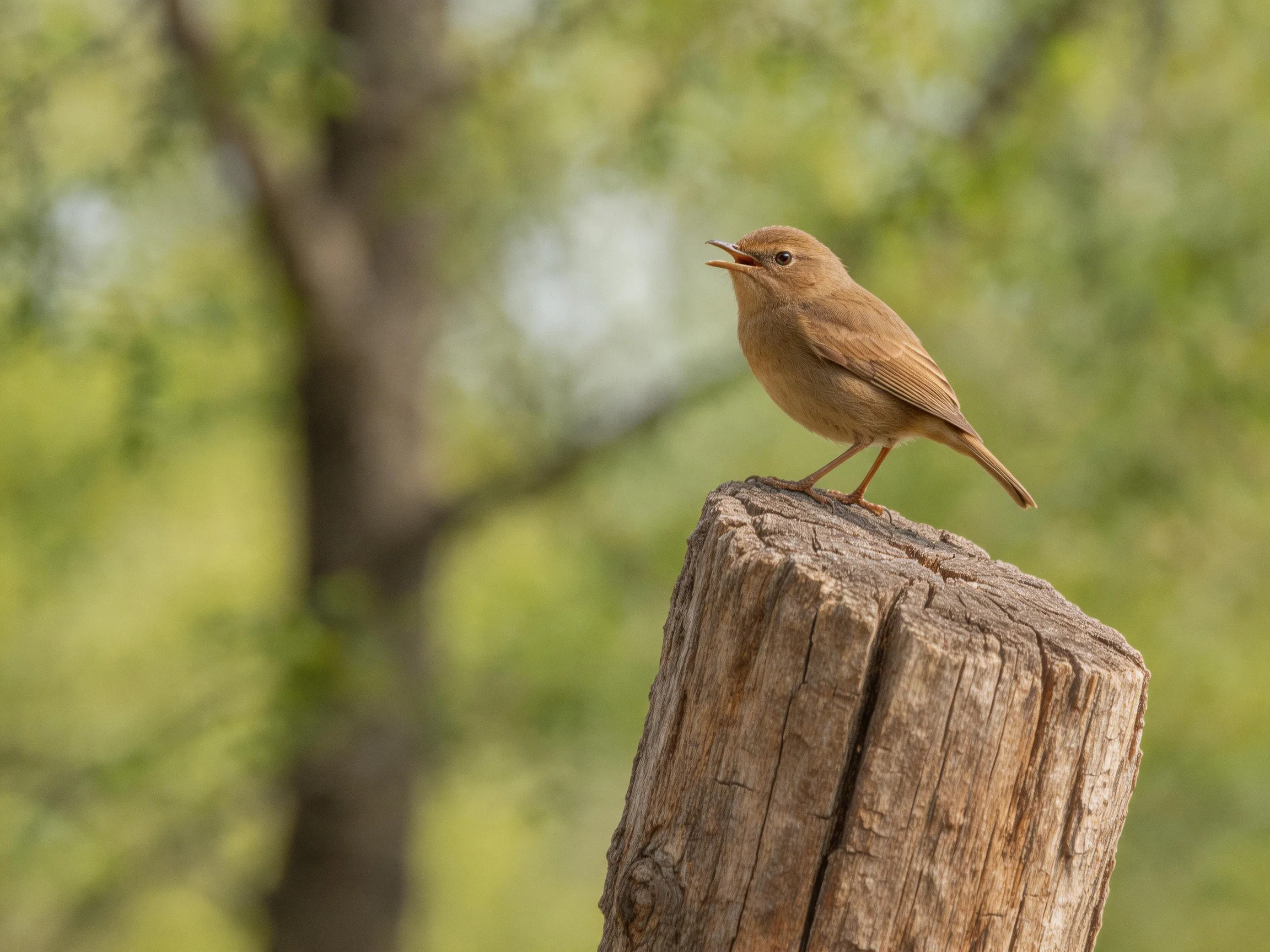 A small brown bird perched on a weathered wooden post