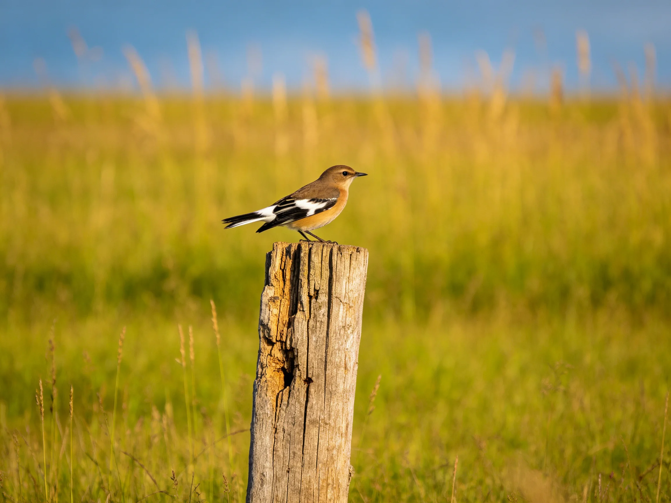 A small brown bird perched on a weathered wooden post in golden grasslands