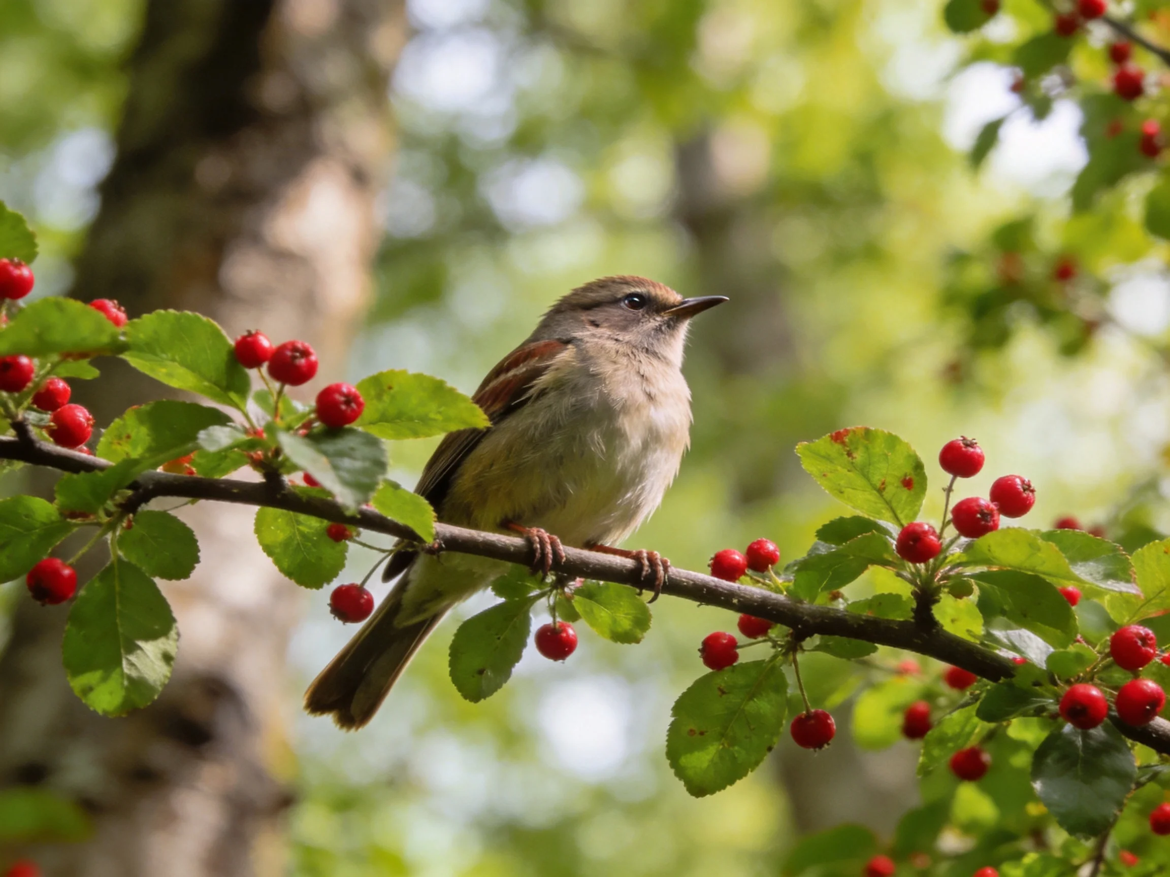 A small brown bird perches on a berry-filled tree branch