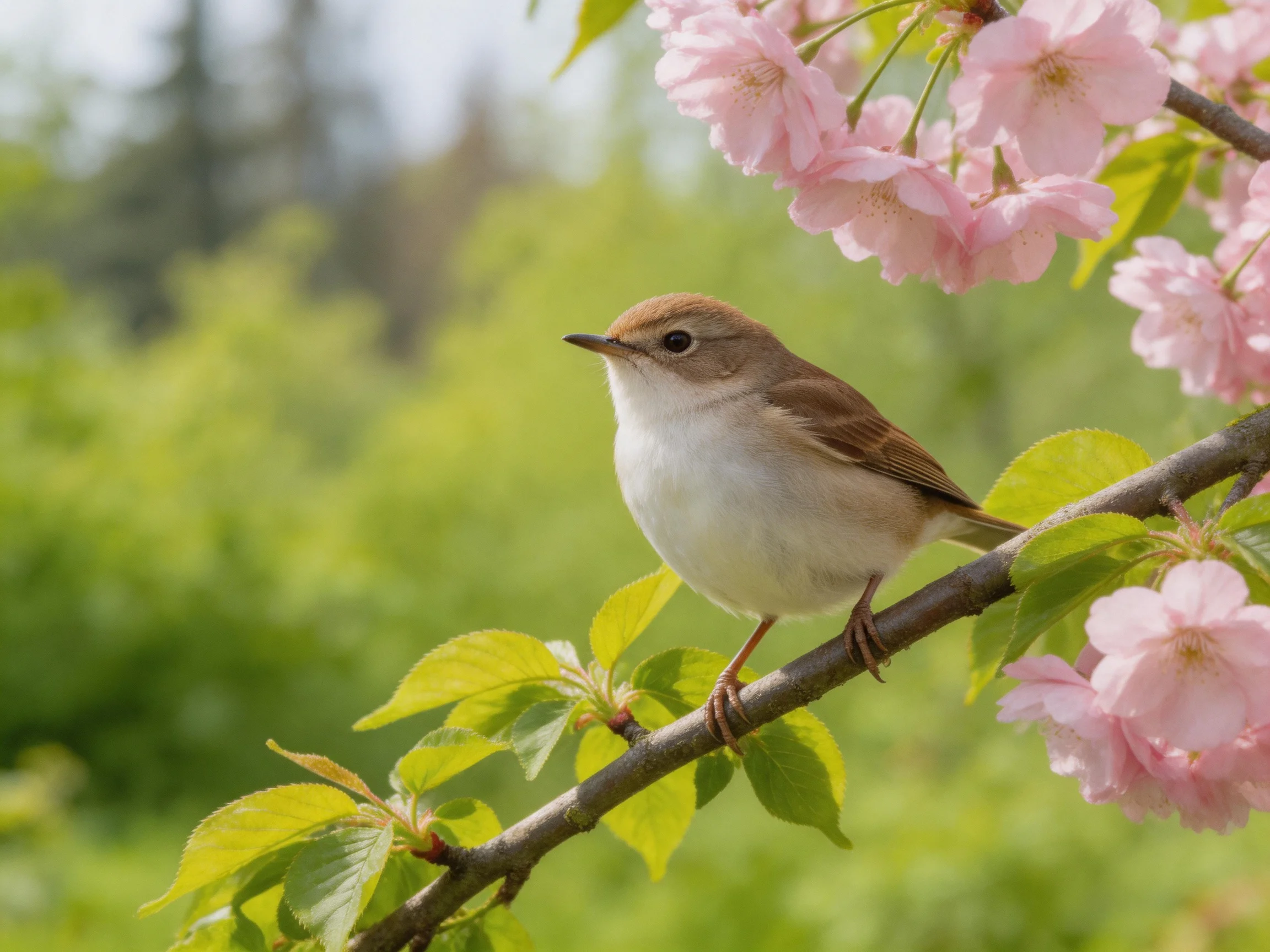 A small brown bird perches on a branch with pink cherry blossoms