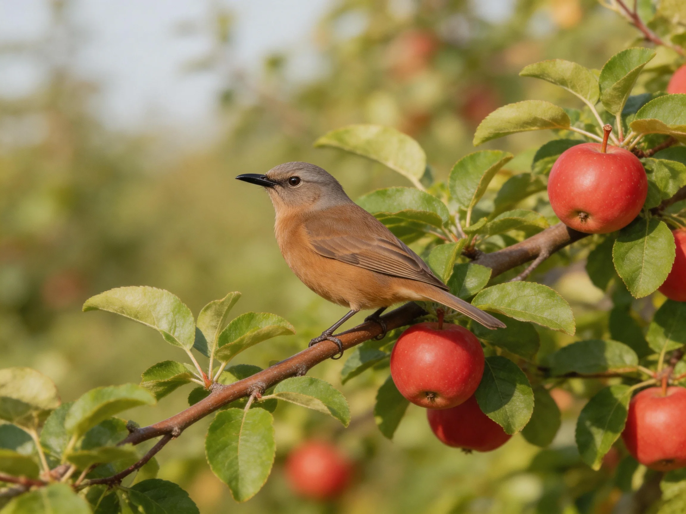 A small brown bird perches on a branch with ripe red apples