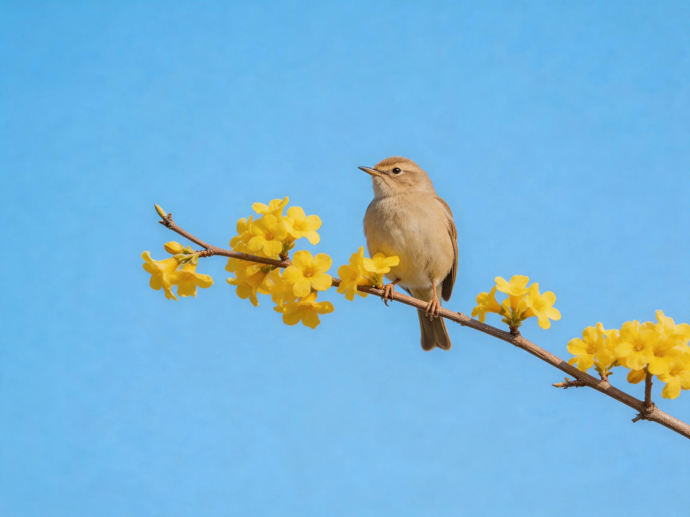 A small brown bird perches on a branch with yellow flowers under