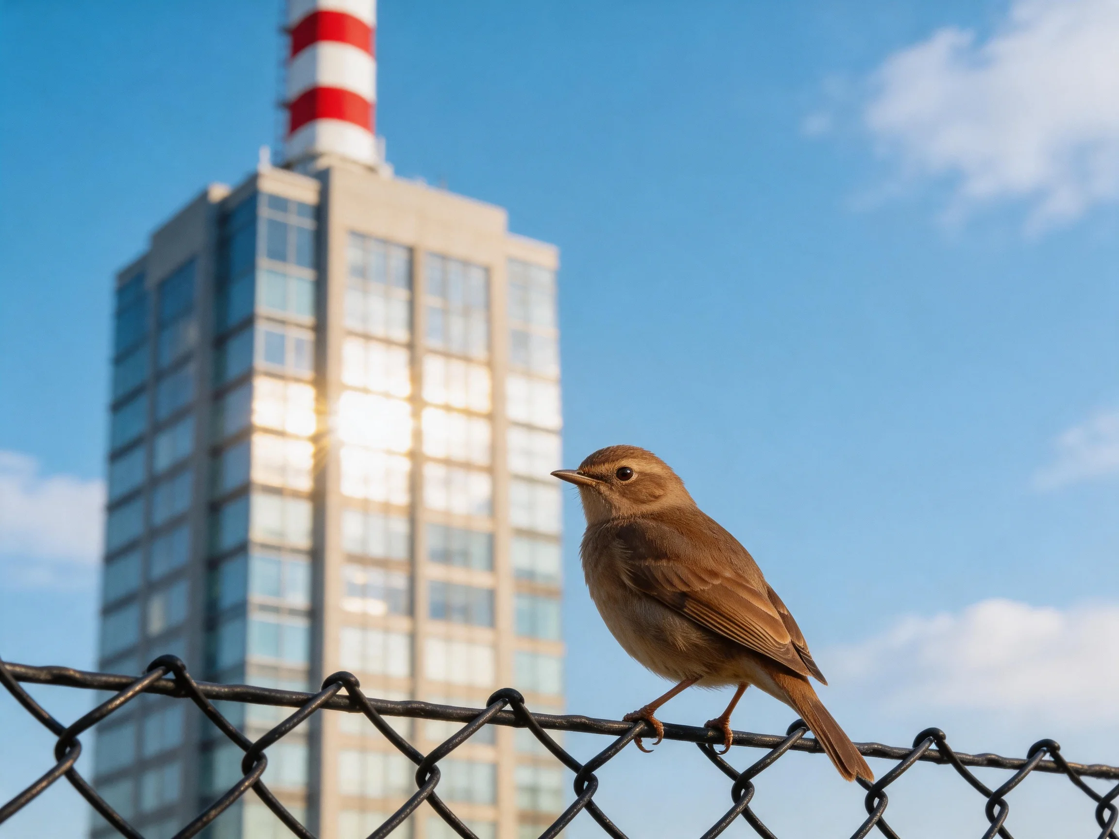 A small brown bird perches on a chain-link fence near a modern glass building with a red-and-white to