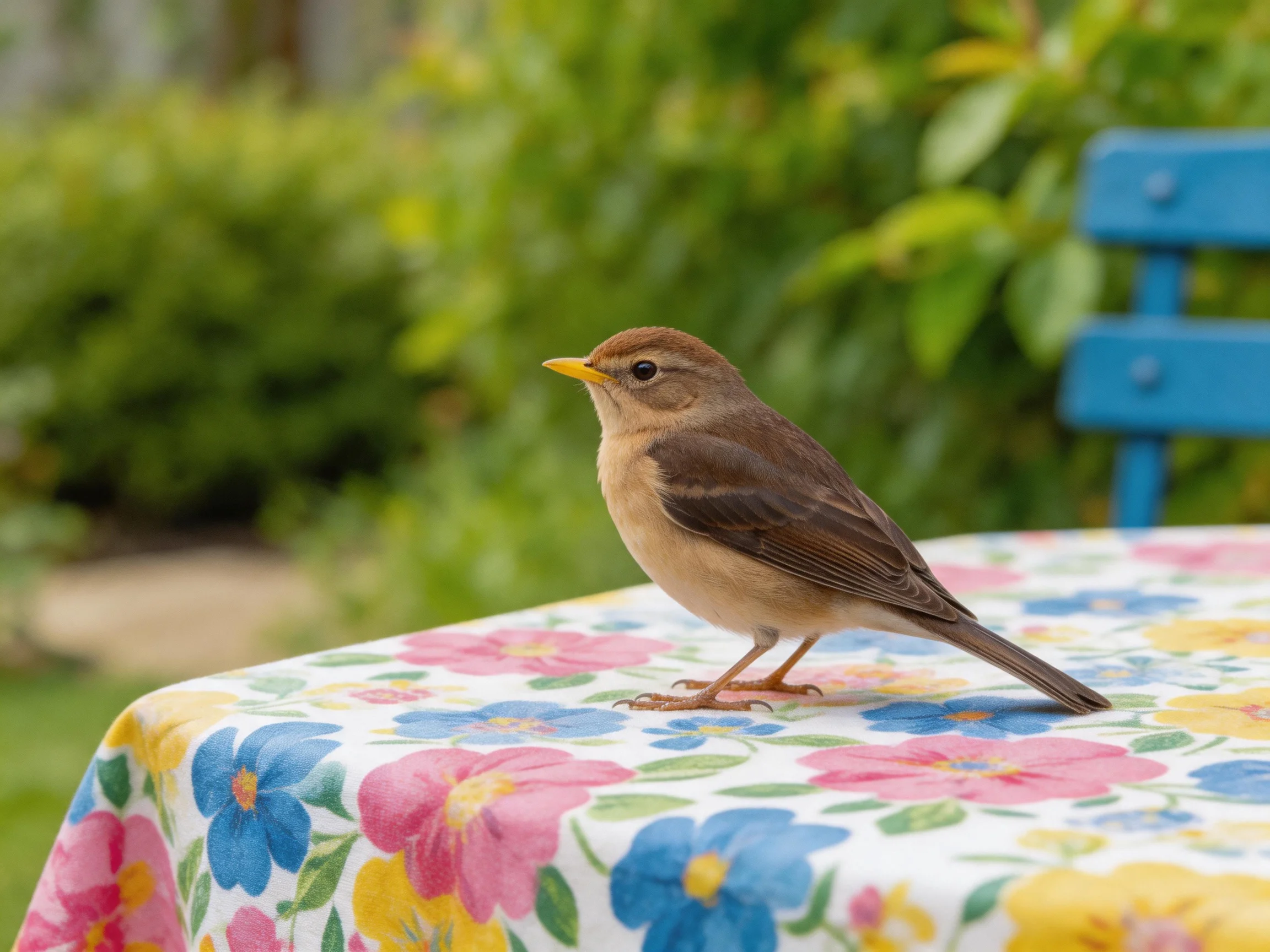 A small brown bird perches on a colorful floral-patterned table
