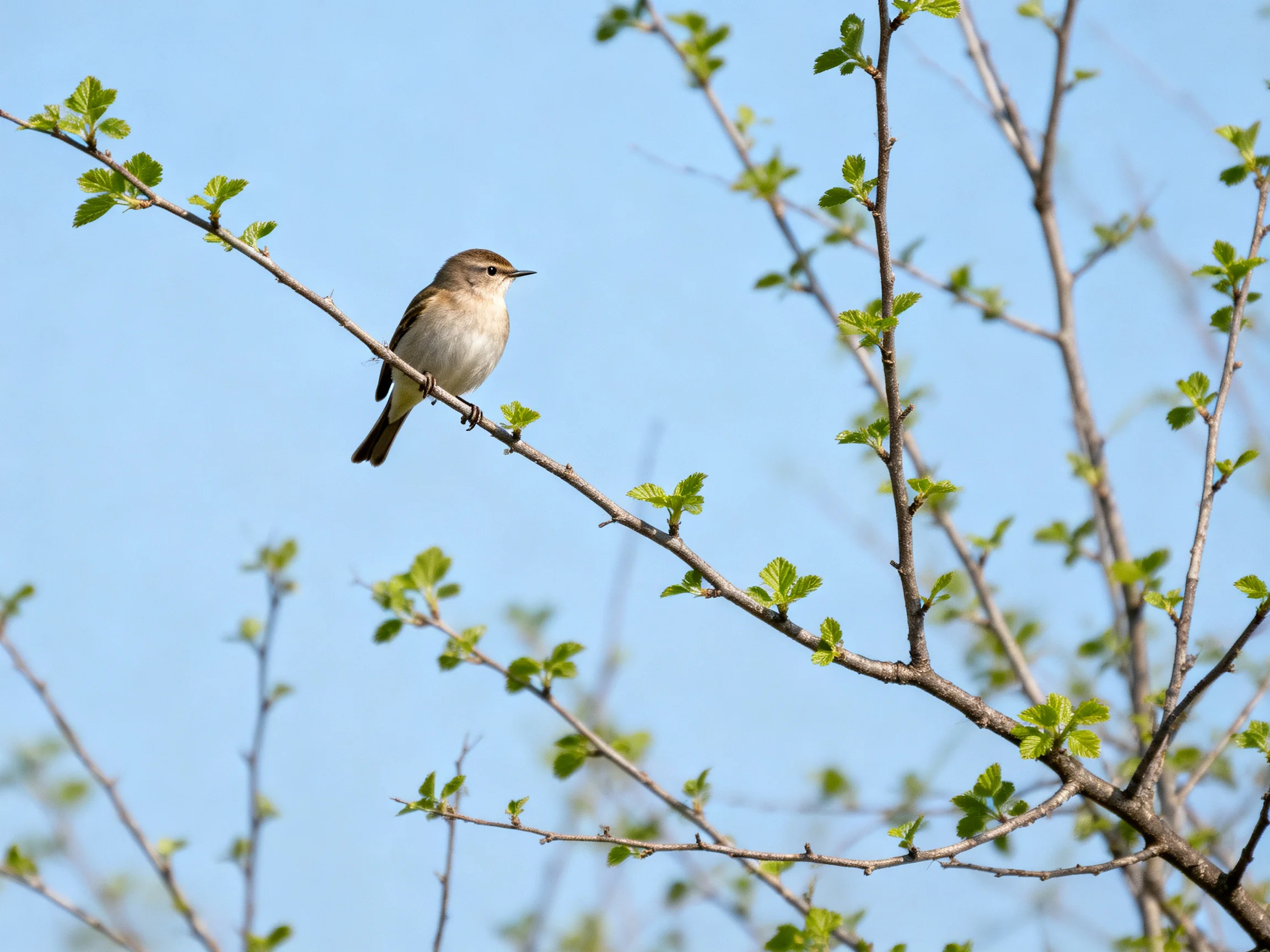 A small brown bird perches on a leafy tree branch