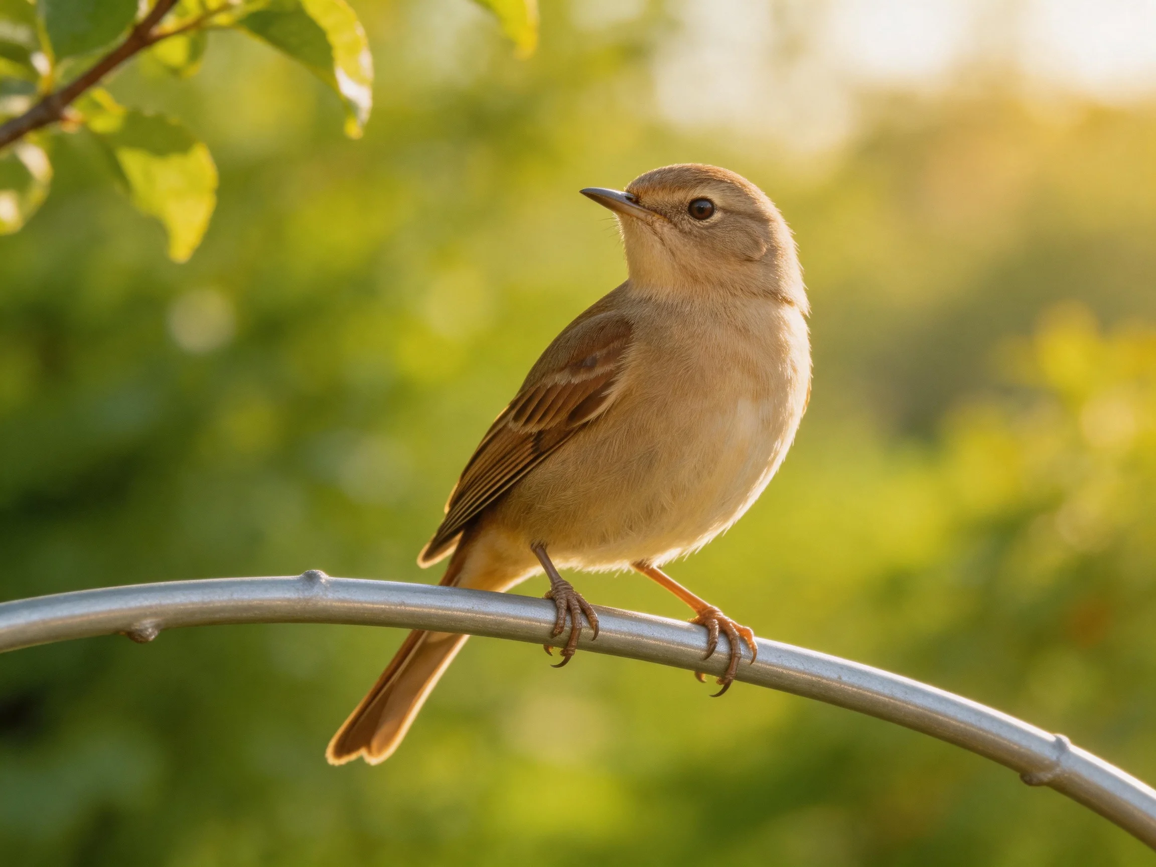 A small brown bird perches on a metallic branch amid green foliage