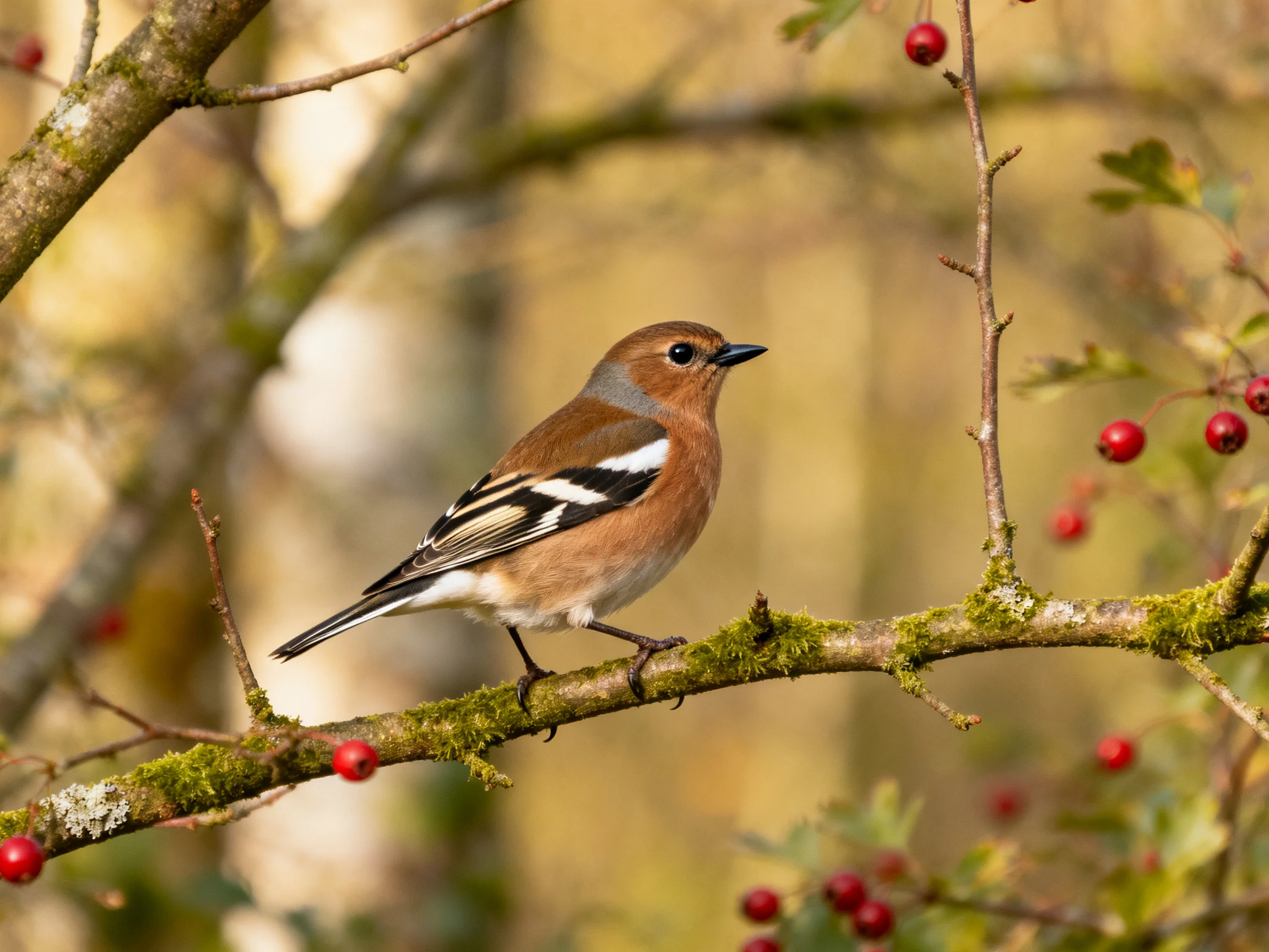 A small brown bird perches on a moss-covered branch with red berries