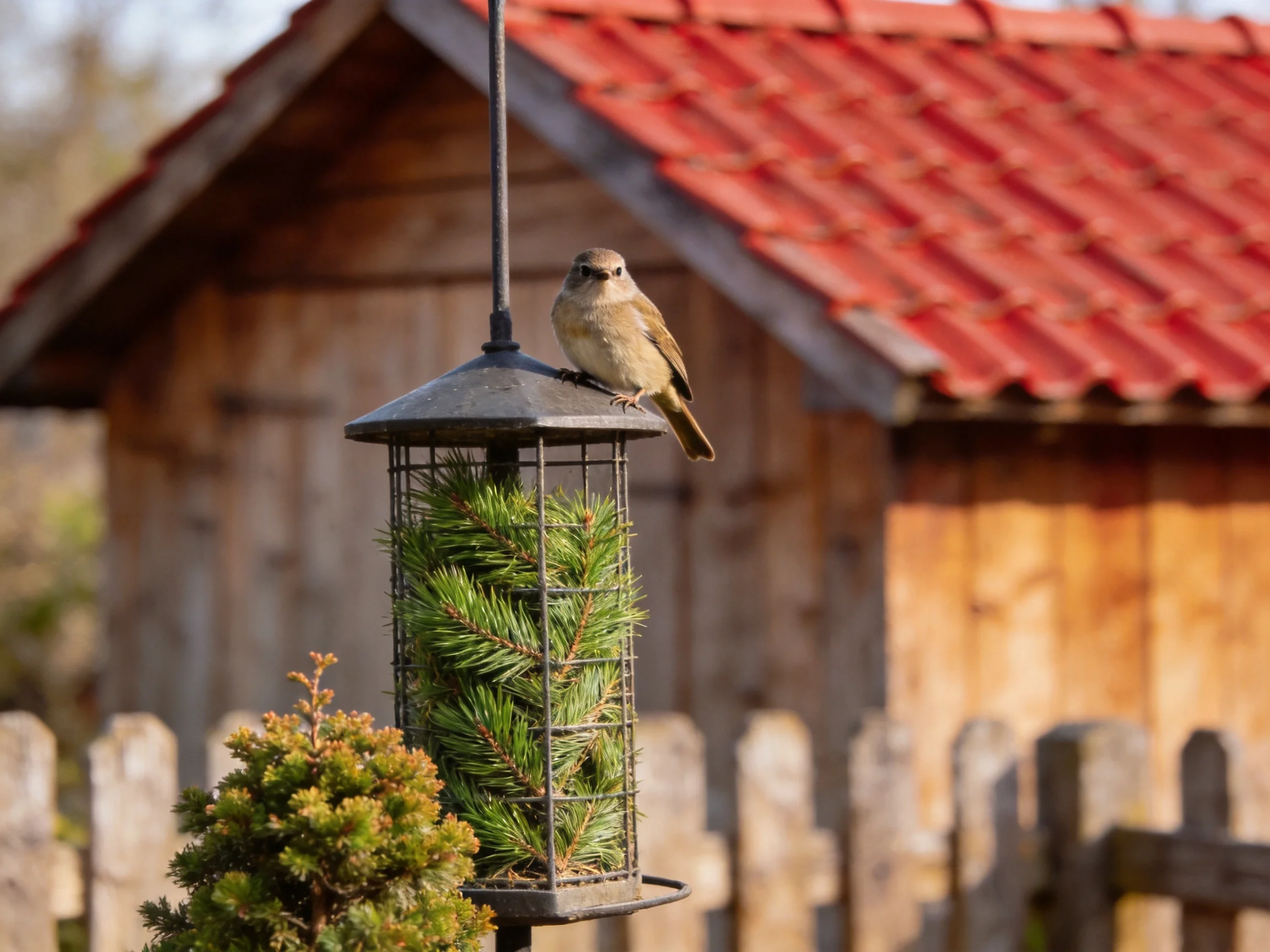 A small bird sits on a pine feeder next to a rustic wooden structure with a red roof