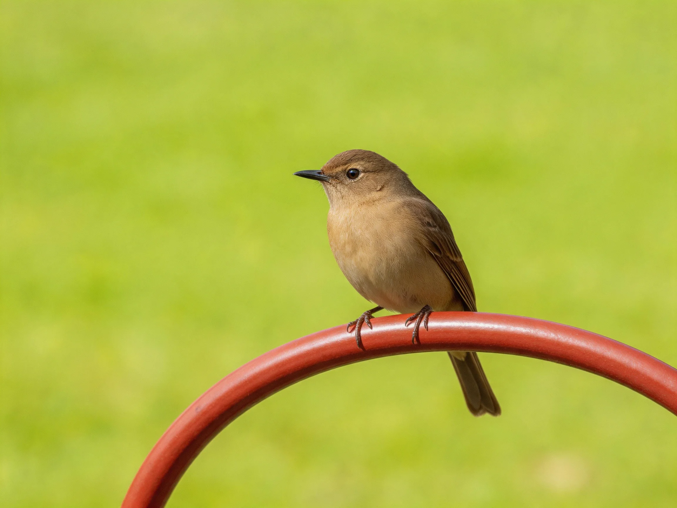 A small brown bird perches on a red metal arc amid greenery
