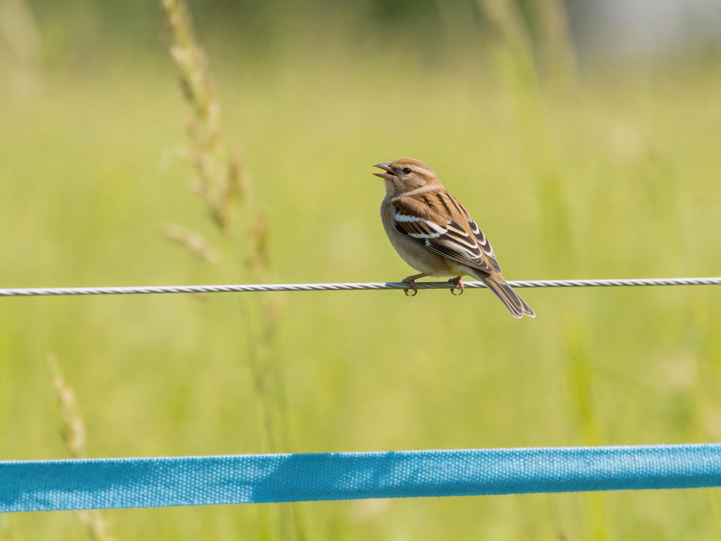 A small brown bird perches on a silver wire with blue fabric nearby