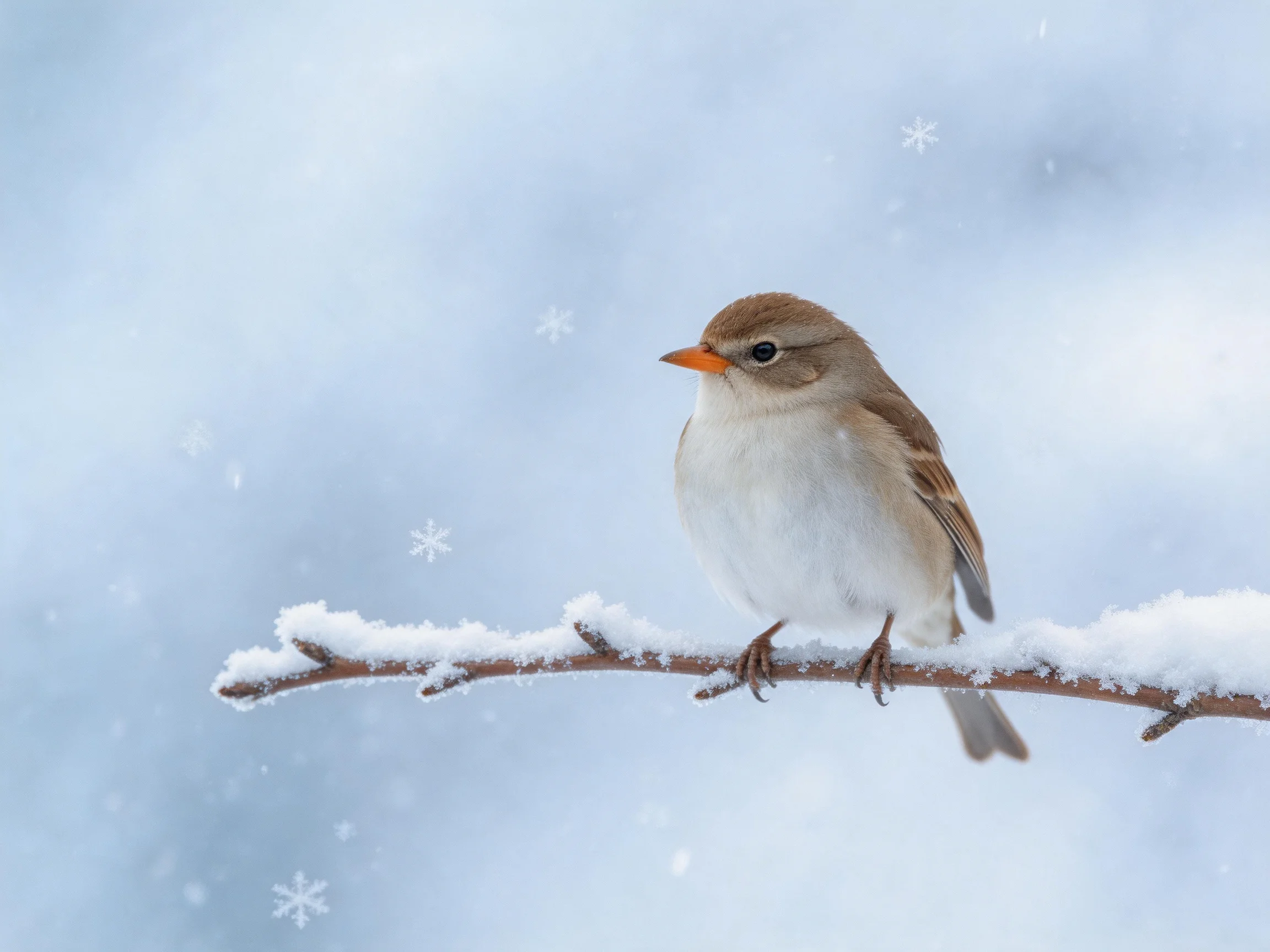 A small brown bird perches on a snow-covered branch amid falling snowflakes