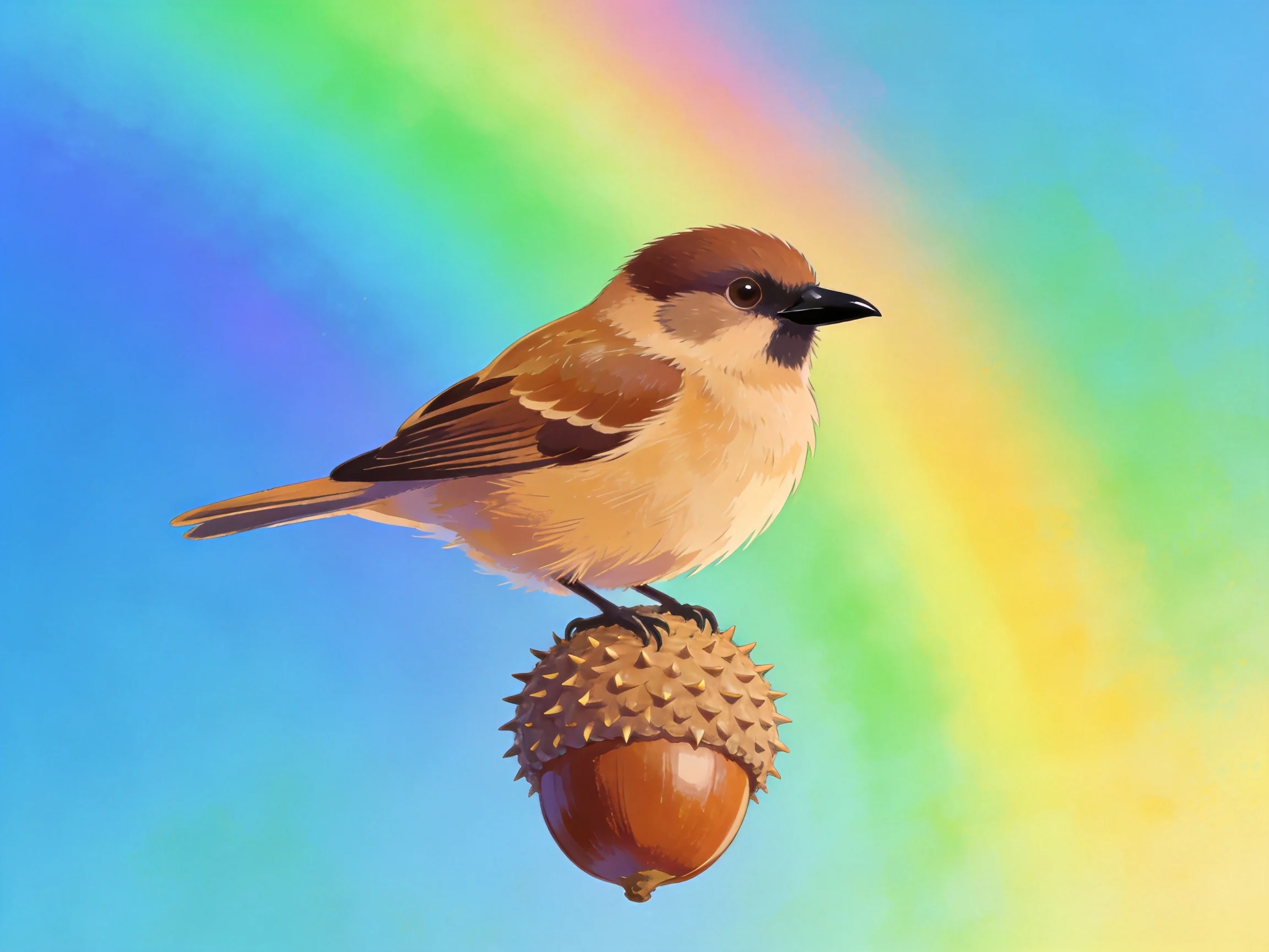 A small brown bird perches on a spiky acorn with a colorful gradient sky
