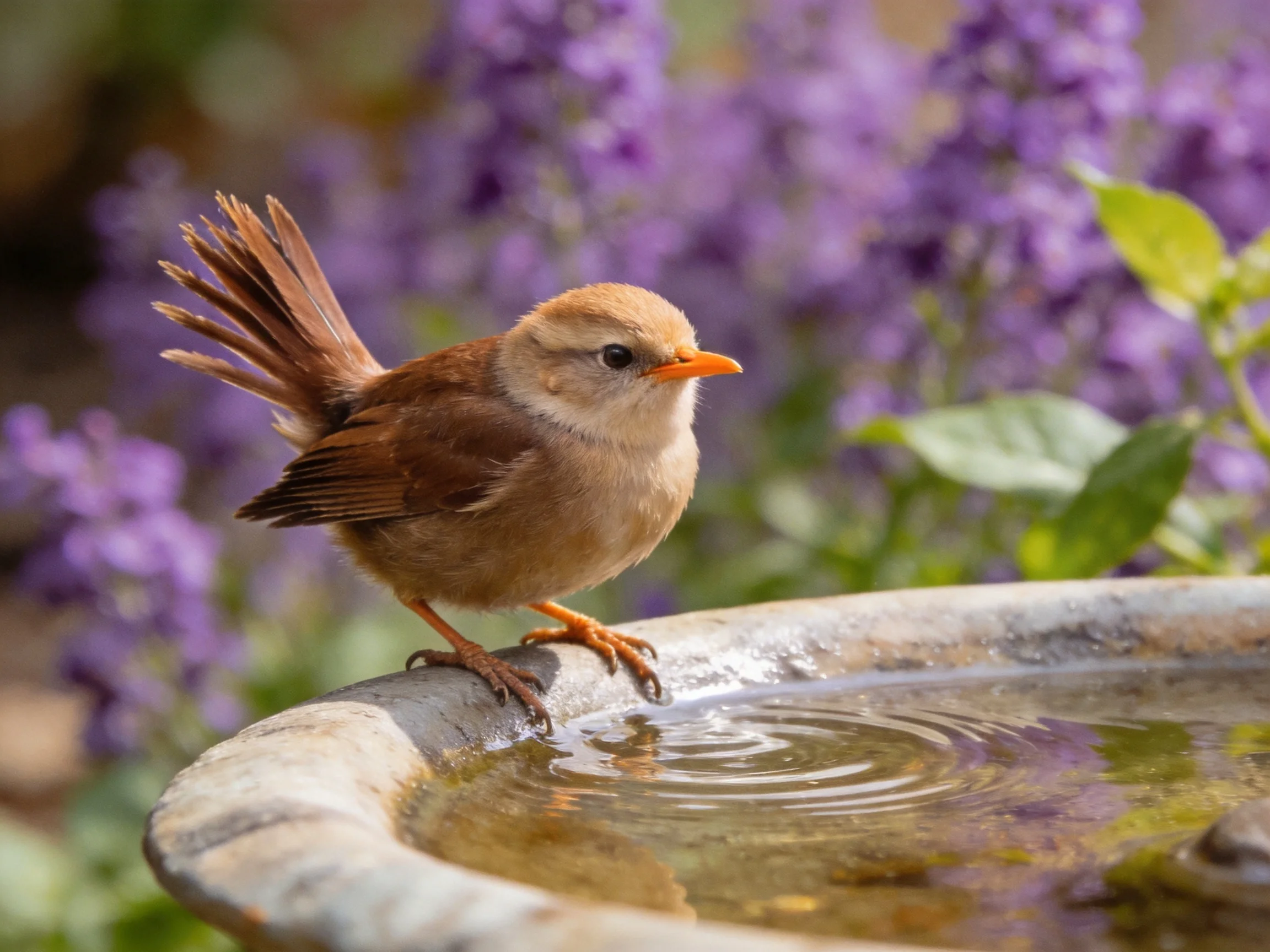A small brown bird perches on a stone water dish amid purple flowers